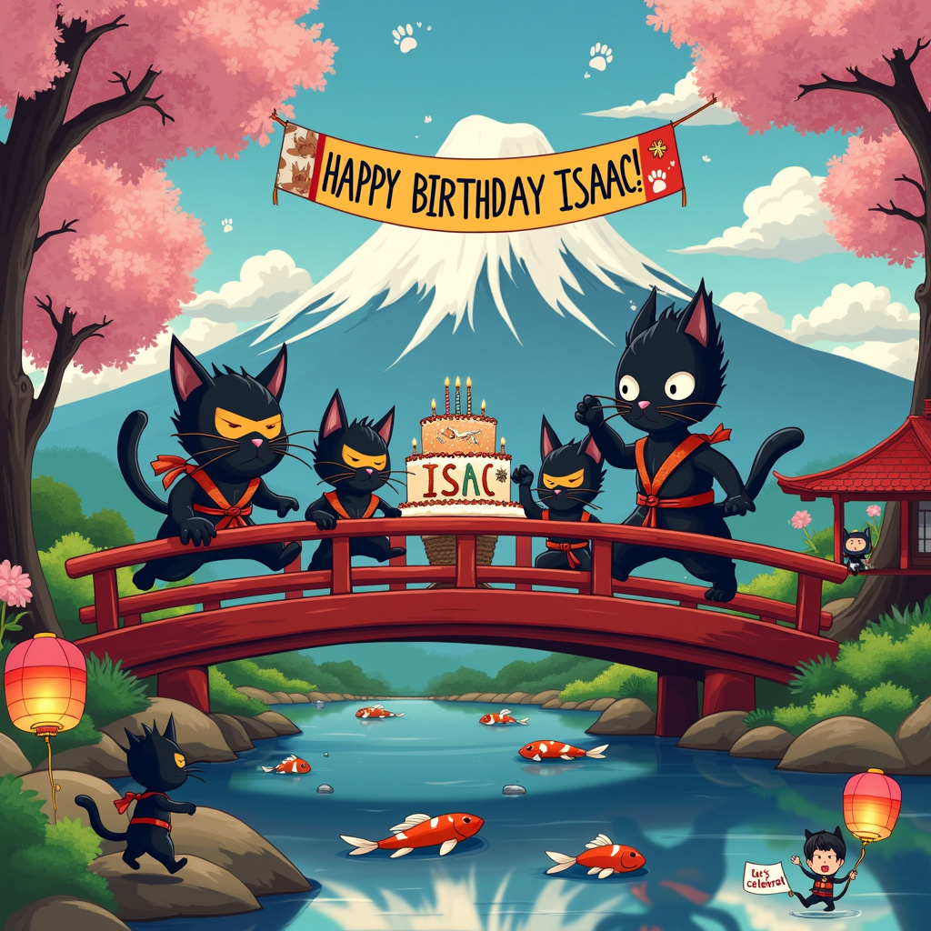 In the vibrant birthday scene, Mount Fuji stands majestically in the background, its peak capped with snow and cherry blossom trees dotting its base. The foreground is filled with an energetic and playful atmosphere. A group of black cats, each dressed in quirky, colorful ninja outfits complete with little masks and tiny swords, are seen running across a traditional Japanese wooden bridge over a serene koi pond. Their expressions are exaggerated and comical, reminiscent of Gary Larson's "The Far Side."

To the right of the bridge, an anime-style character inspired by Osamu Tezuka's work stands triumphantly. It's a small boy with spiky hair, dressed in a classic ninja outfit, clutching a large birthday cake. The cake is decorated with vibrant anime character faces and has the name "Isaac" written in bold, colorful letters, with each letter shaped like a different anime character.

Above this lively scene, a banner strung between two cherry blossom trees sways in the wind, reading "Happy Birthday Isaac!" in a playful font. The banner is adorned with tiny black cat paw prints and ninja star motifs. Floating in the sky, large, fluffy clouds subtly form the word "Isaac" as if drawn by a master calligrapher, adding a touch of ethereal charm to the scene.

A small paper lantern festival can be seen happening on the left side, with Japanese lanterns illuminating the area, their soft glow adding a warm light to the scene. Little black cats are seen playing and jumping between the lanterns, adding more whimsical fun to the setting.

In the bottom right corner, a tiny anime character, inspired by Charles Schulz's simple yet expressive style, waves at the viewer while holding a small flag that says "Let's Celebrate!" The overall scene is a vibrant, bustling, and delightfully quirky birthday extravaganza that seamlessly incorporates all the requested themes.
Generated with these themes: Black cats, Running, Japan, Anime, Mount fuji, and Ninja.
Made with ❤️ by AI.