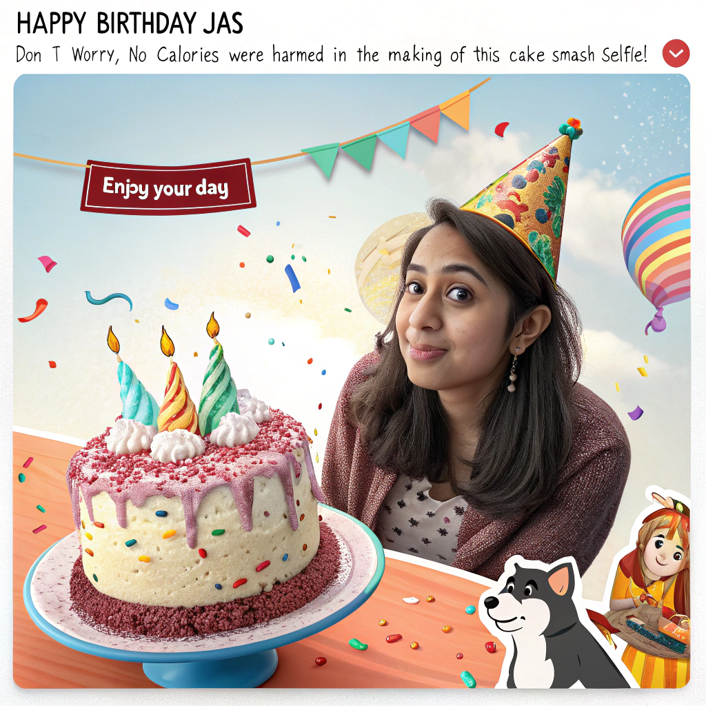 At the top of the image, "Happy Birthday Jas – Don’t Worry, No Calories Were Harmed in the Making of This Cake-Smash Selfie!"

— The image features a realistic, humorous scene: Jas mid-faceplant into an outrageously decorated, multi-tiered birthday cake, with rainbow sprinkles flying in all directions, frosting splattered like abstract art, and party hats on confused dogs in the background. A banner reads “Enjoy your day” dangling crookedly behind, caught in a fan.
Generated with these themes: Enjoy your day .
Made with ❤️ by AI.