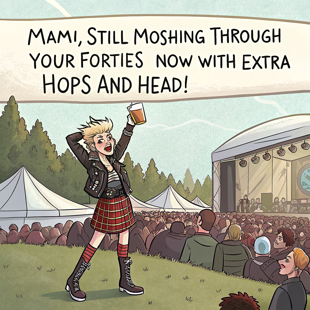 At the top of the image, "MAMI, still moshing through your forties—now with extra hops and head!"

- The image depicts a lively outdoor punk rock and beer festival scene with a vibrant crowd, tents, and a stage in the background.
- Front and center, a blonde punk woman in her 40s (Mami) rocks out in full punk style—think leather jacket, tartan mini skirt, combat boots, bold eyeliner, and spiky bleached-blonde hair.
- She’s mid-cheers with a large, overflowing pint of beer in hand, laughing wildly with festival-goers around her.
- Behind her, strung between two beer tents, is a bright punk-style banner with studs and graffiti paint reading: “HAPPY BEER-THDAY!”
- Subtle fun elements: a punk band in the background wearing party hats, someone crowd-surfing with a cake, and a dog in a leather jacket.
Generated with these themes: PUNK ROCK AND BEER FESTIVAL, BLONDE PUNK WOMAN IN HER 40S WITH A BEER IN HER HAND, and BANNER THAT READS: HAPPY BEER-THDAY!.
Made with ❤️ by AI.