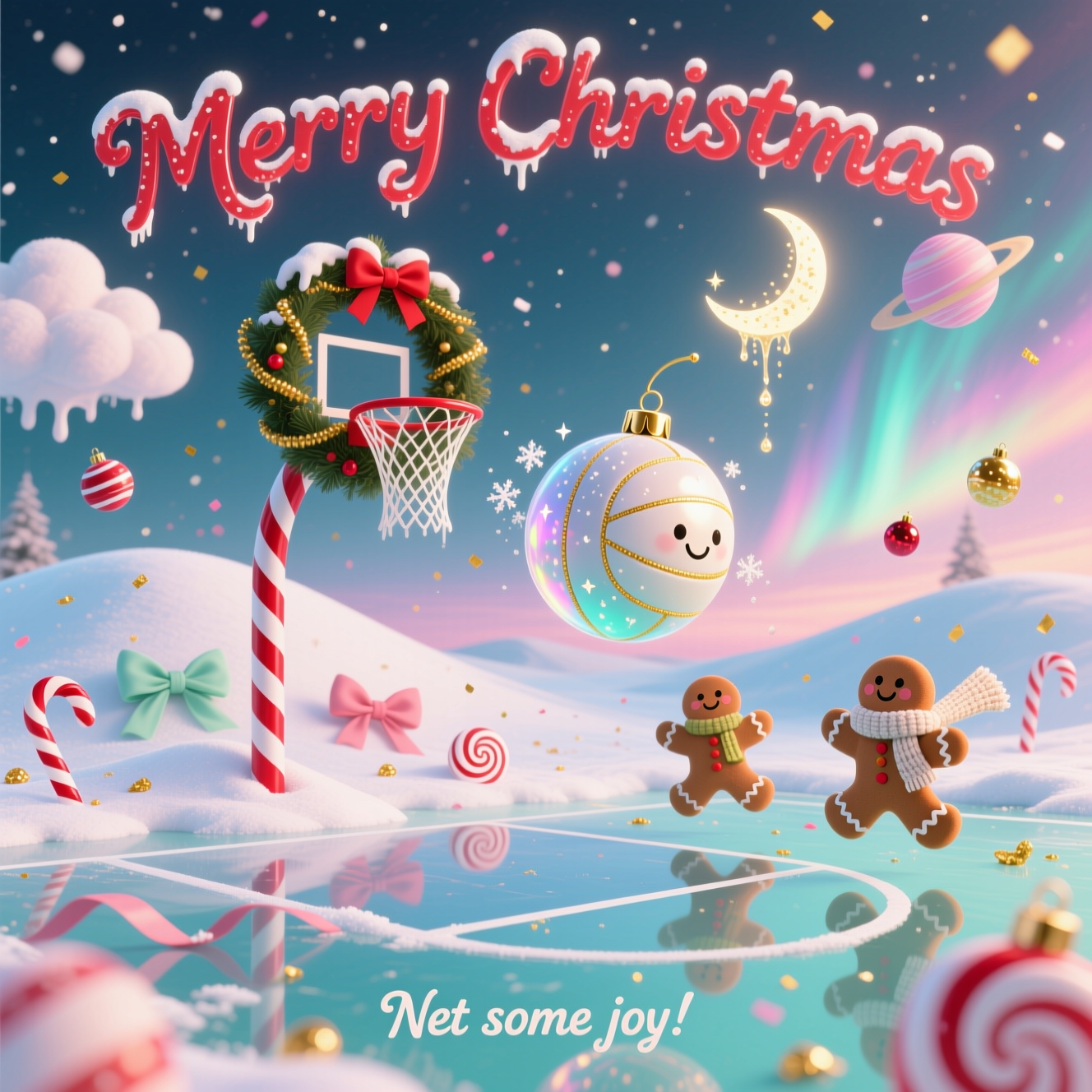 At the top of the Surreal Style image, the text "Merry Christmas " in candy-cane red and snowy-frosted script, softly glowing and gently arcing, centered and clearly readable.

Dreamlike, Dali-inspired cute Christmas netball scene in tall portrait, full-bleed. A softly melting candy-cane goal post rises from a velvety snow dune; the hoop is an evergreen wreath, its tinsel net drooping like warm fondant. Mid-air, a whimsical netball glides toward the wreath: a luminous glass bauble with golden seams and star-dimpled texture, tiny snow swirling inside and a subtle friendly smile, casting a long painterly shadow. The “court” is a frozen mirror-lake whose painted lines unravel into satin ribbons that loop into bows and spiral candy swirls. Marshmallow clouds sag like melting cream; peppermint planets and glossy ornaments float overhead; a crescent whistle-moon hangs low, dripping stardust. Cute gingerbread players with piped icing details and knitted scarves leap lightly, their edges softly melty, faces bright and round. Ethereal twilight lighting, pastel auroras and prismatic bokeh sparkles, sugar-snow confetti, warm gold glints. Palette of icy mint, powder blue, blush pink, candy red, frosty white, and twinkling gold. Soft vignette, lots of airy negative space, painterly textures, ultra-detailed yet cuddly and whimsical.

At the bottom, a tiny icing-script caption reads: Net some joy!
Generated with these themes: Netball, and .
Made with ❤️ by AI.