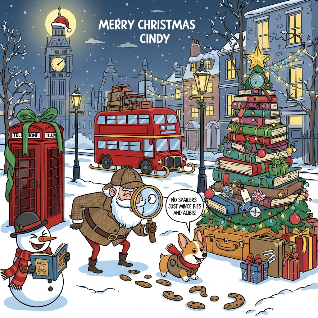 At the top of the Cartoon Style image, Merry Christmas Cindy

Funny Christmas cartoon scene in England with playful, exaggerated characters, thick bold outlines, and bright saturated colors. A snowy London street at night: Big Ben in the background wearing a Santa hat, twinkly fairy lights strung between cozy row houses and vintage lampposts. Front and center, a goofy detective-Santa with a round belly, skinny legs, and a deerstalker hat leans forward in an energetic pose, peering through a giant magnifying glass at cookie-crumb footprints that curl into question marks in the snow. Beside him, a cheerful corgi sidekick in a tiny trench coat and scarf sniffs the trail. A red double-decker bus converted into Santa’s sleigh (candy-cane runners, stacks of luggage on top) waits nearby. A Christmas tree built entirely from stacked colorful books rises on one side, decorated with bookmarks, travel tags, and twinkling lights; a shiny magnifying glass serves as the star. Vintage suitcases with cute travel-icon stickers (Union Jack, compass, airplane) sit around gift boxes. A red phone booth wrapped in a big ribbon and scarf stands to the side; a snowman in a bowler hat giggles while “reading” a mystery paperback. Snow swirls sparkle like tiny magnifying glasses. Color palette: cherry reds, holly greens, icy teals, warm golds; clean flat shading and thick outlines. Warm window glow contrasts with cool moonlit snow; overall mood playful, cozy, and whimsical—mystery vibes without any gore.

Add one small extra line of text as a speech bubble from the corgi: “No spoilers—just mince pies and alibis!” Ensure this is the only additional readable text besides the main greeting.
Generated with these themes: Books, travel, England, murder mysteries, and .
Made with ❤️ by AI.