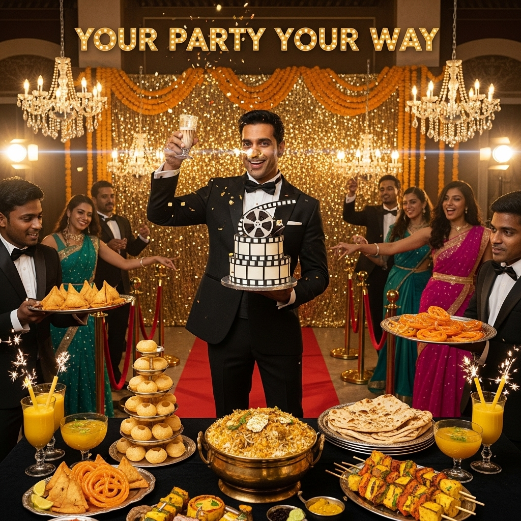 At the top of the Photorealistic picture taken from a camera image, Your party your way

Ultra-high-definition 4K UHD photorealistic scene: a funny, over-the-top glamorous Bollywood-style birthday celebration in a lavish banquet hall. Center stage, a charismatic South Asian leading-man host (generic, not resembling any real person), in a tailored black tux with sequin lapels and a playful grin, presenting a towering film-reel-shaped birthday cake while nearly getting frosting on his nose, raising a chai-filled champagne flute as confetti falls. Surround him with a red carpet, gold-sequined backdrop, crystal chandeliers, marigold garlands, and cinema spotlights creating tasteful lens flares. Waiters dressed like paparazzi carry silver trays piled with samosas, pani puri towers, jalebi swirls, paneer tikka skewers, and a gleaming brass handi of biryani dusted with edible gold leaf; naan fanned like a movie script stack; mango lassi in coupe glasses with sparklers. Extras in jewel-toned saris and tuxedos strike mid-dance poses in the background, adding a humorous, celebratory buzz.

Camera and lighting: full-frame camera, 50mm prime at f/1.8 for shallow depth of field; subject tack-sharp, confetti and chandeliers forming creamy bokeh; ISO 400, 1/250s; warm cinematic color grade; soft key light from camera-left with bounce fill, subtle rim light outlining hair and shoulders; realistic skin tones, lifelike textures on fabrics, food, and glassware; accurate reflections and shadows. Integrate the top text into the scene as elegant Bollywood marquee-style lettering in warm golden bulbs. Keep everything true-to-life, richly detailed, and funny, with a blockbuster-party vibe. No logos or celebrity likenesses.

At the bottom in tiny elegant text, one cheeky line: Now showing: extra spice, extra sparkle.
Generated with these themes: Shahruk khan Bollywood food glamour, and .
Made with ❤️ by AI.