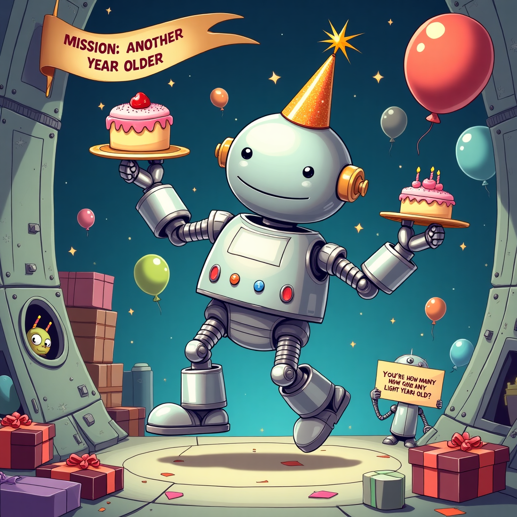 **Prompt:**

A comical illustration of a shiny silver Astrobot floating in zero gravity inside a messy space station, wearing a sparkly birthday party hat slightly askew on its antenna. The Astrobot is juggling cupcakes, balloons, and tiny wrapped gifts while one robotic arm holds a birthday cake that’s about to drift away. Behind it, a banner reading “MISSION: ANOTHER YEAR OLDER” floats upside-down, and a confused alien peeks in through a porthole window holding a "You’re How Many Light Years Old?!" sign. Bright, playful colors and a cartoony, lighthearted illustration style.
Generated with these themes: Astrobot.
Made with ❤️ by AI.