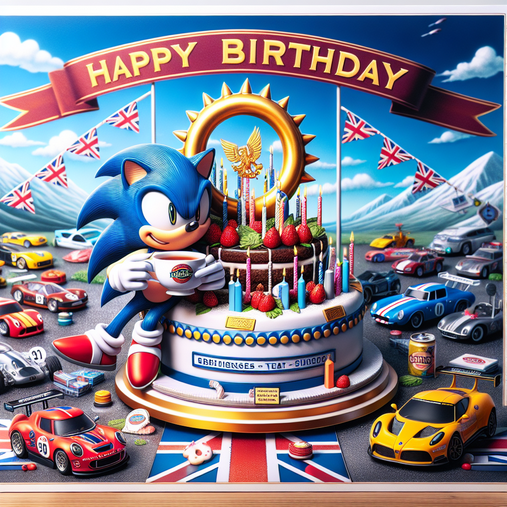 Create a delightful and fantastical birthday illustration that features a speedy anthropomorphic blue hedgehog, known for its love of adventure, holding a cup of a popular British tea brand, signifying the start of a new journey. The backdrop is adorned with a festive birthday banner, with miniature replicas of high-performance automobiles parked as if in attendance at the party. The centerpiece is a cake embellished with ring-like decorations, harking back to classic video games, topped with the emblem of a renowned German automobile brand. The aesthetic fuses elements of exciting car races, retro gaming, and traditional English tea-time.
Generated with these themes: BMWs, Sonic the Hedgehog, and Yorkshire tea.
Made with ❤️ by AI.