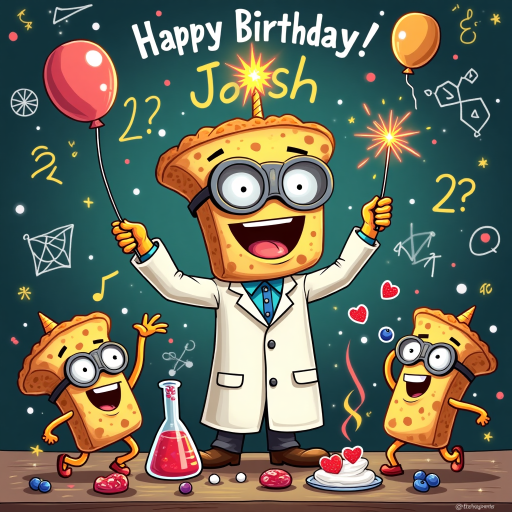 At the top of the Cartoon Style image, Happy Birthday Josh!

A big, bold, funny Cartoon Style lab of laughter: center stage is an oversized, golden scone “mad scientist” with huge goggles, a tiny lab coat, and a sparkler candle on top, striking a triumphant pose. Mini scone sidekicks bounce around in energetic poses, thick black outlines and bright saturated colors everywhere. One scone swirls strawberry jam in an Erlenmeyer flask that fizzes into heart-shaped atoms; another carefully pours cream from a graduated cylinder with a dramatic meniscus. A cheerful Bunsen burner lightly toasts a scone while blueberries orbit like molecules. Behind them, a chalkboard bursts with bold math doodles—π, integrals, graphs, geometric shapes—no words, just lively symbols. Balloons shaped like atoms and π float among confetti and streamers. Add comic motion lines, glossy highlights, and playful shadows to amp up the whimsy. Keep the vibe nerdy, jubilant, and deliciously chaotic.

At the bottom, small hand-lettered caption: “Scone-ificant figures and sweet solutions!”
Generated with these themes: Math, science, chemistry, scones, and .
Made with ❤️ by AI.
