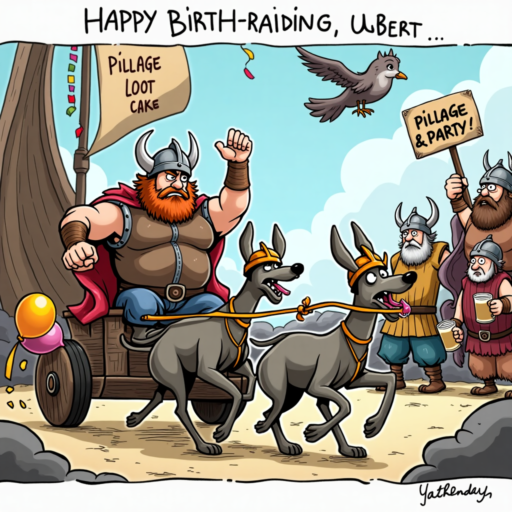 At the top of the cartoon image: "Happy Birth-raiding, Albert — May Your Loot Be Cake!"

Prompt:  
A hilarious cartoon scene set in a chaotic Viking village during a birthday celebration. In the foreground, a fierce-looking Viking ALBERT—helmet slightly askew—is being pulled wildly in a chariot by two extremely sleek and overly enthusiastic greyhounds wearing tiny horned helmets. One greyhound has a birthday balloon tied to its tail; the other has a party horn in its mouth, comically mid-toot. The Viking longship behind them is decked out with bunting, streamers, and a “Pillage & Party!” banner. Other cartoon Vikings are celebrating with mugs of ale, while one confused elder Viking is trying to blow out the candles on a battle-axe-shaped birthday cake. A squirrel in a horned helmet rides a seagull across the sky in the background, holding a sign that says, “Cake or Valhalla!” The entire scene is lively, chaotic, and bursting with cheeky Viking energy.
Generated with these themes: VIKINGS, and GREYHOUNDS.
Made with ❤️ by AI.