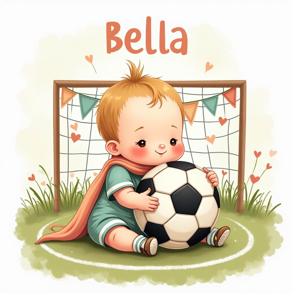 At the top of the Illustration Style image, "BELLA" in playful hand-lettering with a stitched-jersey texture, softly arched like a stadium banner.

A warm, hand-drawn illustration: a super-cute baby in an oversized pastel football jersey sits on soft, mossy-green grass, hugging a plush black-and-white football nearly as big as them. Fine linework defines chubby hands, rosy cheeks, and gentle smiles; textured brush strokes add cozy depth. A tiny goal sits behind with loose netting and pastel pennant bunting fluttering. Baby booties styled like miniature cleats peek out; a soft scarf in mint and peach drapes nearby. White chalk touchlines curve into a heart around the baby. Subtle, sketchy stadium shapes and flags fade into the background to keep focus on the baby. Warm, expressive color palette: cream, blush, warm gold, moss green, and soft sky blue. Paper-grain texture, delicate hatching, and balanced composition. Gentle golden light, soft shadows, ultra-cute mood.

At the bottom of the Illustration Style image, a small caption in a friendly script: "New to the starting lineup"
Generated with these themes: Football , and .
Made with ❤️ by AI.