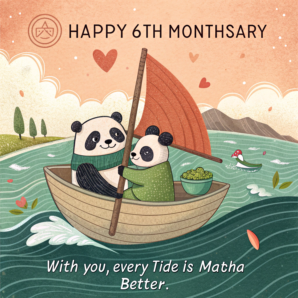 At the top of the Illustration Style image, "Happy 6th Monthsary "
At the bottom of the image, "With you, every tide is matcha better."

- Hand-drawn illustration with fine linework, textured brush strokes, balanced composition, and a warm, expressive color palette in a cute mood.
- Scene: A cuddly panda couple sailing a tiny matcha bowl-boat across a gentle, green sea; the bamboo whisk (chasen) forms the mast, a leafy green sail catches a soft breeze, and foamy latte-art waves curl into heart shapes.
- Adventure vibes: One panda in a little explorer scarf pointing ahead, the other holding a tiny map; a rolled bamboo sleeping mat and a leaf pennant fluttering from the mast.
- Nature and sea details: Floating tea-leaf lily pads, a distant bamboo grove island on the horizon, sea birds shaped like leaves, and sparkly highlights on the water.
- Color palette: Lush matcha greens and jades, teal-tinted sea, creamy white foam, warm peach-gold sky, and soft blush on the pandas’ cheeks.
- Typography treatment: The headline arches across the sky in bold, hand-lettered script; the punchline sits along the lower wave curve in playful lettering. Use warm cream/white text with a deep green outline and a subtle shadow for readability.
- Finishing touches: Soft paper grain texture, tiny heart sparkles in the foam, and an overall cozy, romantic, adventurous feel.
Generated with these themes: Panda, green, adventure, Sea, nature,, Matcha, and .
Made with ❤️ by AI.