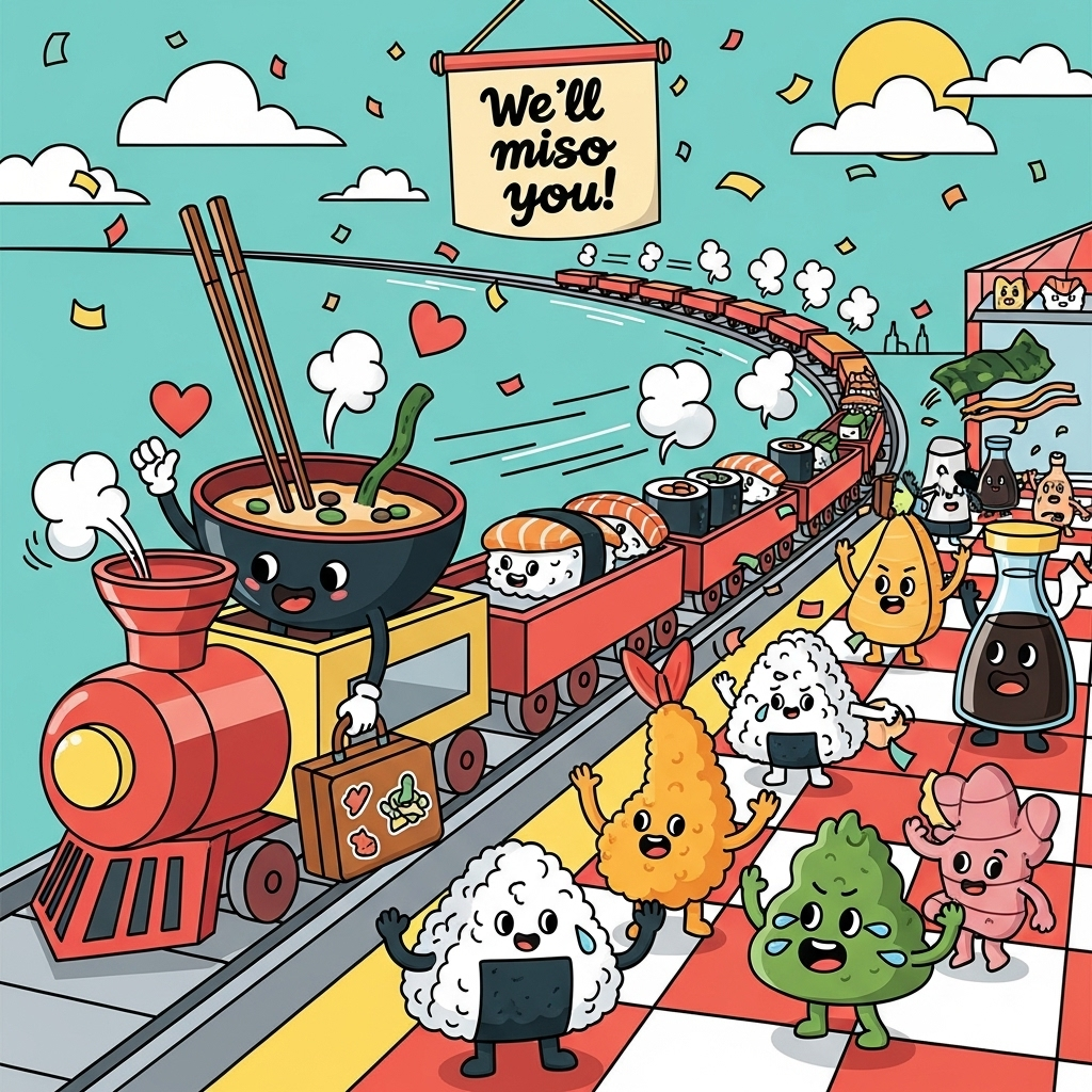 Playful cartoon scene in bright, saturated colors with thick black outlines and exaggerated, bouncy proportions: a lively conveyor-belt sushi station transformed into a departing train. Up front, a smiling miso soup bowl character leans out of a sushi-train car, waving a chopstick arm and clutching a tiny sticker-covered suitcase; steam puffs rise in heart shapes. The train curves off into the distance with motion lines and puffs of cartoon steam; nigiri and maki cars follow. On the platform, anthropomorphic foods—onigiri, tempura shrimp, a soy sauce bottle, wasabi and ginger—wave and cheer in whimsical, energetic poses, some with glossy soy-sauce tears, others tossing rice-confetti and seaweed streamers. Background: sunny pastel teal sky, confetti, stylized clouds, and a bold red-and-white checkered floor. High-key lighting, bold flat shading, clean vector feel, playful shapes. Camera: vertical portrait, slightly low angle with a fun Dutch tilt to amp up the motion and comedy. Funny mood, Cartoon Style.

Include one small hand-lettered banner above the platform with a single line of text:
"We'll miso you!"

Style the text in chunky bubble letters, seaweed-green fill, cream outline, thick black stroke, soft drop shadow. No other text, no logos, no watermarks.
Generated with these themes: Food , and .
Made with ❤️ by AI.