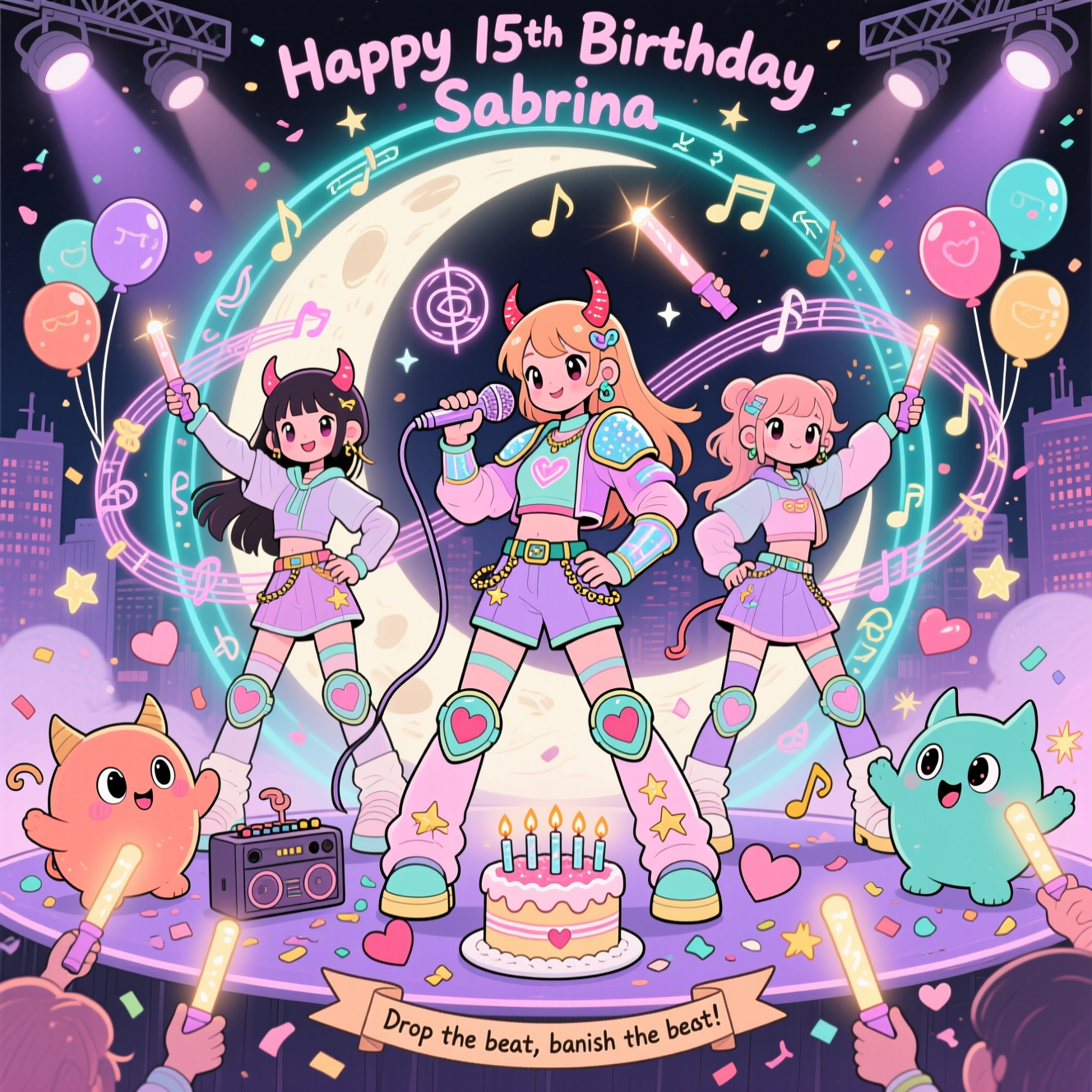 At the top of the Illustration Style image, Happy 15th Birthday Sabrina

Hand-drawn, cute K-pop demon hunters performing on a moonlit neon stage shaped like a glowing magic circle made of musical notes and soft runes. Three-member idol squad in coordinated pastel streetwear with whimsical light-armor accents (heart knee pads, star patches, charm belts). The center leader poses mid-dance with a glittery microphone casting friendly protective sigils; the two teammates flourish heart-tipped lightsticks that arc into sparkling ribbons, completing the circle. Adorable plush-like demons with big sparkling eyes cheer as superfans at the footlights, waving tiny lightsticks and foam fingers; they’re gently “purified” into twinkly hearts and star-bursts—playful and non-scary.

Add birthday touches: a tiny cake-shaped amp with lightstick candles, confetti of hearts, stars, and music glyphs, and a cluster of fifteen floating spirit-balloons drifting up the sides. Background: dreamy city silhouettes and soft spotlights arranged like a star halo. Composition is balanced and lively with dynamic diagonals from mic cables and ribbon trails. Style is hand-drawn with fine linework and textured brush strokes; warm, expressive palette of peach, coral, lavender, rose-gold, and teal. Lighting glows warmly from the front with lavender/teal rim lights; soft pastel stage fog and heart-shaped bokeh. Emphasize rounded, adorable proportions, glossy eyes, and lots of sparkles.

At the bottom of the Illustration Style image, a small hand-lettered ribbon banner with the caption: Drop the beat, banish the beast!
Generated with these themes: K-pop demon hunters , and .
Made with ❤️ by AI.