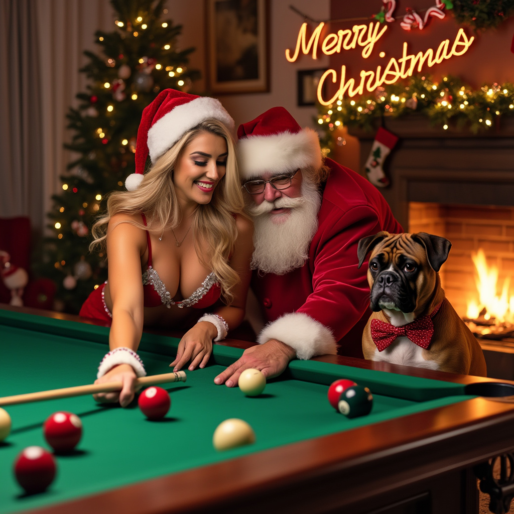 In a cozy, warmly-lit room adorned with twinkling Christmas lights and tinsel, a playful and enchanting Christmas scene unfolds. At the center stands a polished mahogany snooker table, its rich green baize contrasting with the red and white balls scattered across its surface. At the table, a glamorous lady in Santa lingerie – a red velvet ensemble trimmed with white faux fur and sparkling sequins – leans gracefully over the table, focusing intently on her shot. Her Santa hat, slightly askew, reveals long, flowing curls cascading over her shoulders. Opposite her, Santa Claus, with his iconic red suit and fluffy white beard, mirthfully competes in this festive game, his eyes twinkling with the joy of the season.

Beside the snooker table, a lovable Boxer dog sits attentively, its coat gleaming under the soft glow of the room's light, with a festive red and green bow around its neck. The dog's expressive eyes follow the movement of the cue ball, almost as if ready to leap into action and join the game.

Above the lively scene, a cheerful banner stretches across the room, emblazoned with "Merry Christmas Chris" in bold, shimmering letters. The banner is decorated with miniature candy canes and holly sprigs, capturing the festive spirit and personal touch of the message. A fireplace flickers softly in the background, its mantel adorned with stockings and pinecones, casting a cozy, inviting light across the room and making it a perfect setting for this joyful and whimsical holiday gathering.
Generated with these themes: Sexy lady in Santa lingerie, Santa, Boxer dog, Snooker, and Sexy lady in Santa lingerie playing snooker with Santa with Boxer dog watching and Merry Christmas Chris banner.
Made with ❤️ by AI.