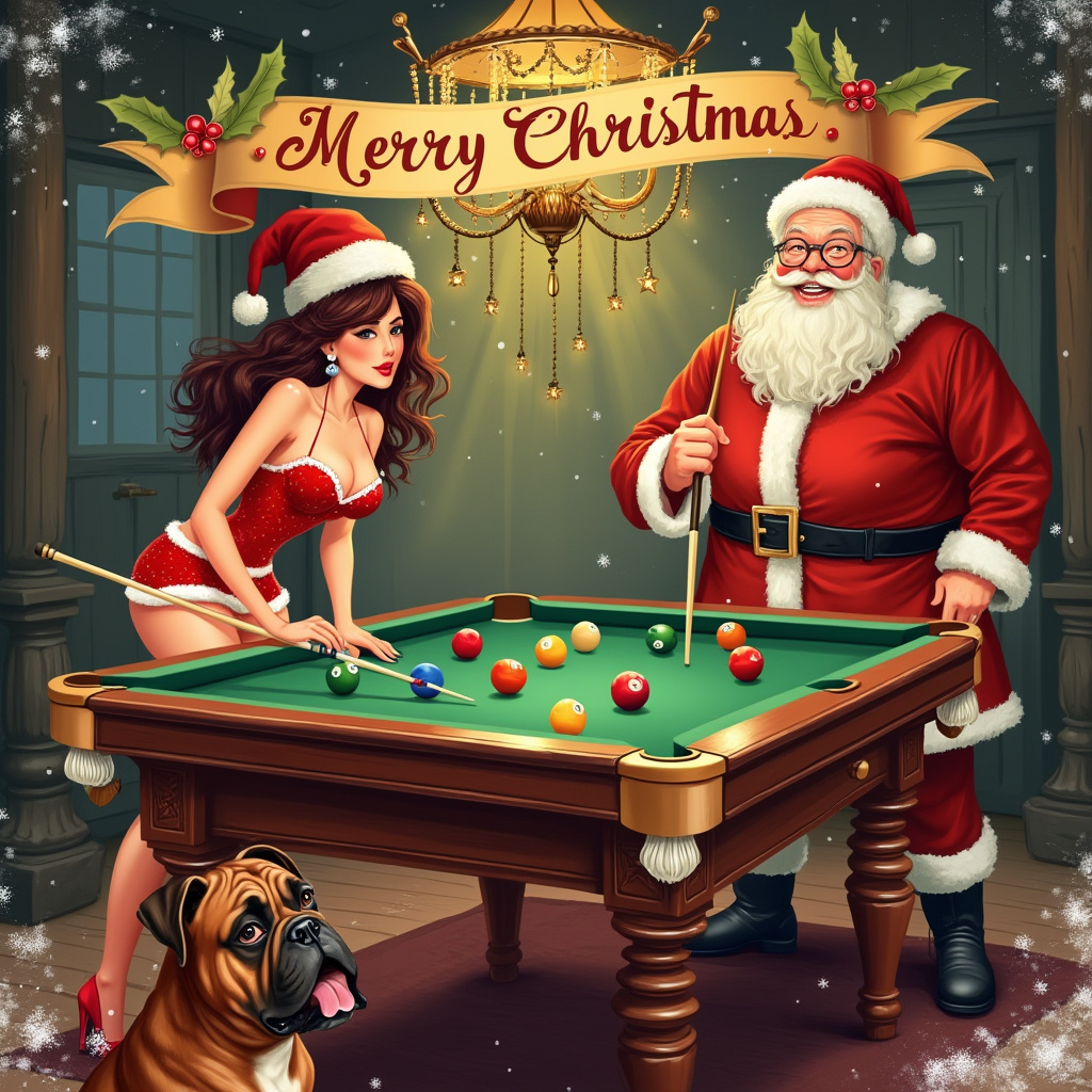 On the cover of this whimsical Christmas greeting card, a lively and charming scene unfolds in a cozy, rustic living room aglow with festive warmth. At the center, an intricately detailed, vintage-style snooker table takes pride of place, its polished mahogany wood glinting softly under the warm light of a twinkling chandelier adorned with delicate red and gold baubles. The snooker table is alive with color, with the bright reds, greens, and yellows of the snooker balls scattered strategically across the emerald green baize. 

To the left of the table, a vivacious lady in Santa-themed lingerie stands poised, her ensemble a playful blend of red velvet and fluffy white trim, complete with a cheeky Santa hat slightly askew atop her flowing curls. She is leaning over the table, cue in hand, with an expression of playful concentration, her painted red nails gripping the cue stick as she aims for a perfect shot.

Opposite her, in a jovial stance, stands Santa Claus himself. His classic red suit, with its plush white fur edges, contrasts with the surrounding deep mahogany of the room. His round glasses perch on the tip of his nose, twinkling with mischief, as he observes the game. Beside him, on the floor, a charming Boxer dog sits attentively, its glossy brindle coat catching the light. The dog's expressive eyes are wide with curiosity, and its pink tongue peeks out from a merry, expectant pant.

Above this captivating tableau, a festive banner unfurls across the upper part of the scene. The banner reads "Merry Christmas Chris" in elegant, swirling golden script, with holly leaves and berries entwining the letters. Subtle snowfall sparkles at the corners of the card, adding a touch of winter magic to the entire illustration. The scene is a delightful mix of holiday charm and cheeky humor, a perfect encapsulation of festive fun.
Generated with these themes: Sexy lady in Santa lingerie, Santa, Boxer dog, Snooker, and Sexy lady in Santa lingerie playing snooker with Santa with Boxer dog watching and Merry Christmas Chris banner.
Made with ❤️ by AI.