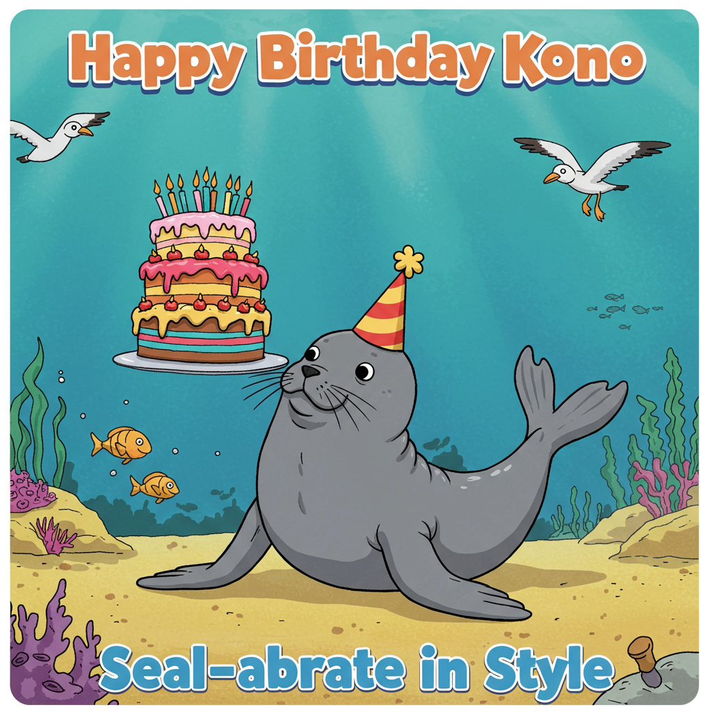 At the top of the Cartoon Style image, in bold, playful letters: "Happy Birthday Kono!"
**Image Description:**
Imagine a quirky cartoon seal character with an oversized party hat perched jauntily on its head. This playful seal is balancing a brightly colored, multi-layered birthday cake on its nose. The cake is teetering slightly, with icing dribbling down and a comically large number of birthday candles sticking out at odd angles, each one burning with colorful flames. The background is a lively ocean scene with cheerful cartoon fish and a couple of curious seagulls, all wearing tiny party hats.
Below the seal, in a playful, bubbly font: "Seal-abrate in Style!"
Generated with these themes: Seal, and .
Made with ❤️ by AI.