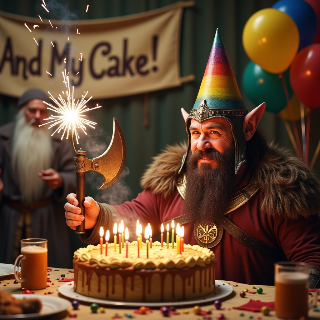 Sure! Here's a strong, funny, detailed image prompt for you:

---

**Prompt:**

A hyper-realistic, brightly lit photograph of Gimli from Lord of the Rings at a modern-day birthday party. He’s wearing a colorful party hat awkwardly perched on his helmet and holding a massive, over-the-top birthday cake shaped like an axe. The cake is half-melted from too many candles, and smoke curls up around Gimli’s grumpy face. In the background, Gandalf is trying (and failing) to light a giant sparkler with his staff, looking slightly frustrated. Over the table, a hand-painted banner reads in bold medieval lettering: "And My Cake!" — a playful twist on Gimli's famous "And my axe!" quote. The setting is a messy living room decked out with cheesy balloons, LOTR-themed party decorations, and a few scattered beer mugs. Everyone looks hilariously out of place but delighted, with a light, absurd, and joyful mood.

---

Would you also like a few alternate versions depending on the tone (e.g., more chaotic, more dry humor)? 🎈
Generated with these themes: Gimli, lord of the rings , quotes from the movies adapted, gandalf.
Made with ❤️ by AI.