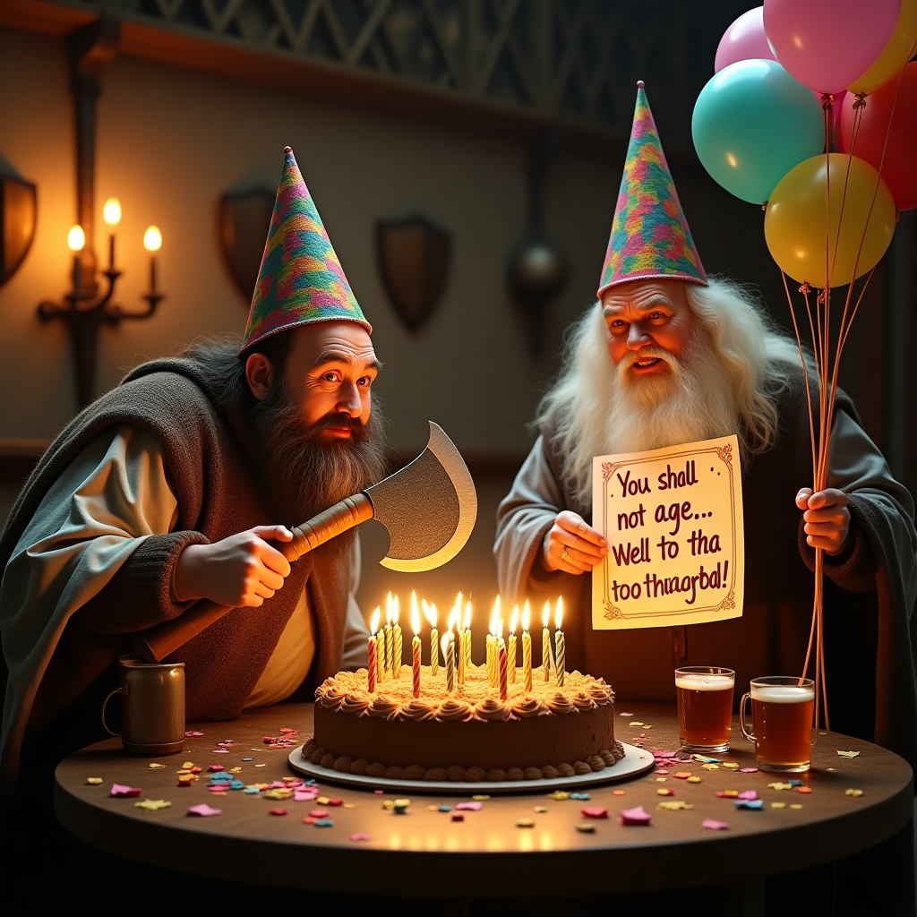 Here’s your prompt:

—

**Prompt:**  
Create a highly realistic, humorous photograph of a birthday party scene set in a medieval-style tavern, featuring a Gimli lookalike (from Lord of the Rings) wearing a colorful party hat, blowing out candles on a massive, oversized cake shaped like a battle axe. Standing next to him, a Gandalf lookalike, with his signature staff, holds a giant birthday card that reads, "You shall not age... Well, not too much!" in whimsical lettering. Both characters should have joyous, exaggerated expressions. The tavern should be lively with rustic wooden decor, glowing candles, and festive balloons clumsily tied to old swords and shields on the walls. Add scattered confetti and a mug of frothy ale in Gimli's hand. Bright, warm lighting and a fun, chaotic party atmosphere. 

**Mood:**  
Funny, celebratory, and playfully epic. 

**Style:**  
Realistic photography with vivid details and rich textures. 

—

Would you like a few more variations depending on what style of funny you’re aiming for? 🎉
Generated with these themes: Gimli, lord of the rings , quotes from the movies adapted, gandalf.
Made with ❤️ by AI.