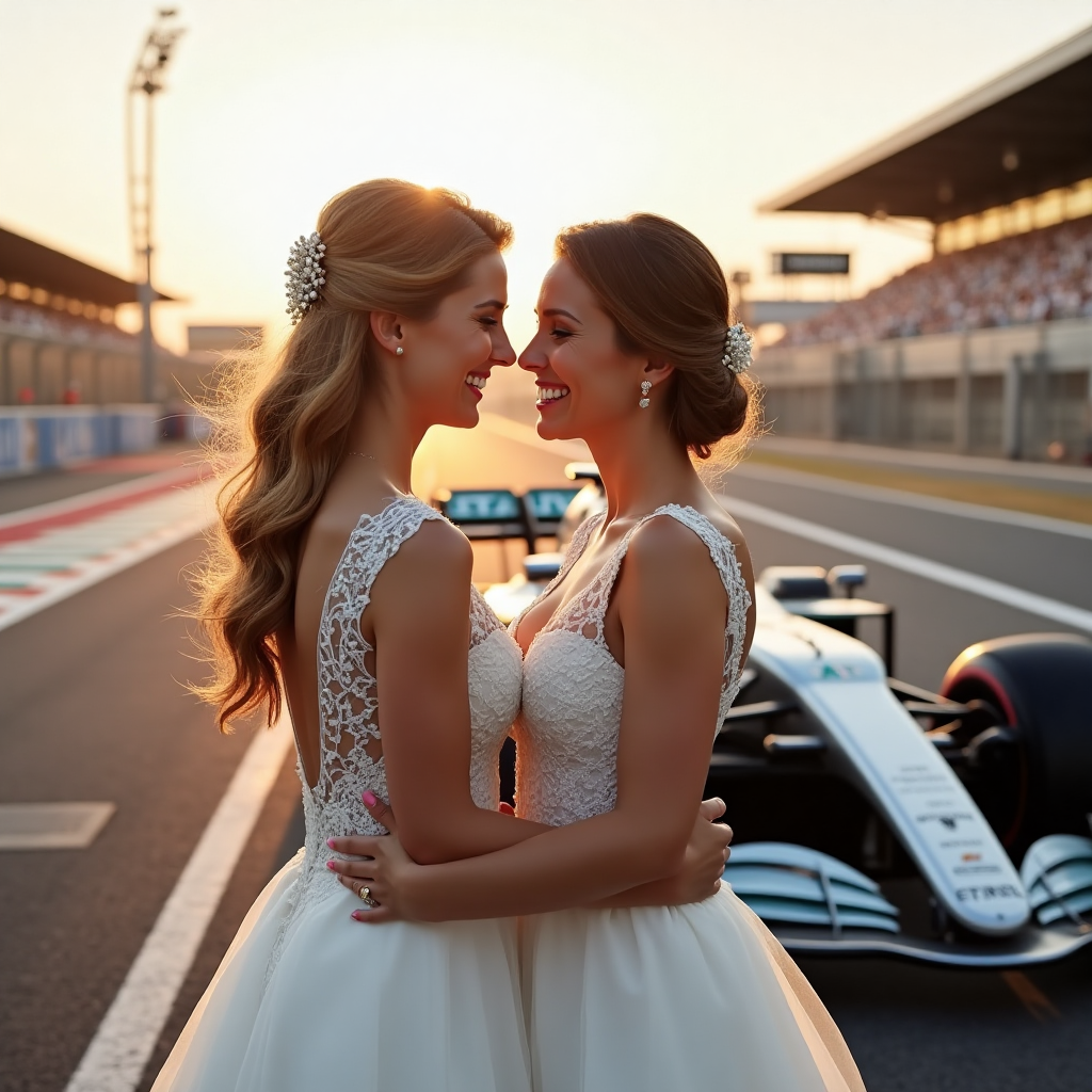 **Image Prompt:**

Capture a heartwarming moment where two brides, radiant with joy and love, share a tender embrace in the pit lane of a Formula 1 racetrack. Both brides are dressed in elegant wedding gowns, one adorned with delicate lace, and the other with sleek satin, their dresses billowing slightly in the gentle breeze. Behind them, the sleek curves of a Formula 1 car gleam under the soft light of the setting sun, its polished surface reflecting hues of orange and pink. A checkered flag waves gently in the background, subtly hinting at their unique love story.

**Style Description:**

Ultra-high-definition 4K UHD photograph with accurate lighting that highlights the brides' radiant smiles, lifelike textures of their dresses, and the rich depth of field that captures the racetrack's ambiance, bringing the scene to life with authenticity and warmth.

**Text (optional):**

"Racing to Forever Together!"
Generated with these themes: Lesbian, formula 1, and .
Made with ❤️ by AI.