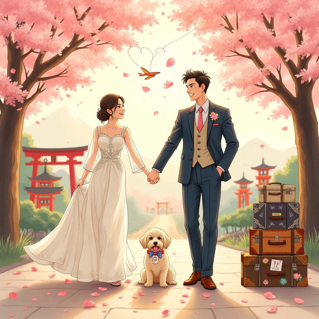 Vertical, full-bleed, anime-inspired hand-drawn illustration with fine ink linework and textured watercolor brush strokes, warm romantic palette. Scene: springtime Japan beneath a sweeping cherry blossom (sakura) tree in peak bloom, petals drifting through golden-hour light. Foreground: a joyful bride and groom holding hands mid-spin, soft smiles; bride in a flowing ivory gown with subtle sakura embroidery and kimono-inspired sleeves; groom in a tailored deep-navy suit with a blush tie and a tiny paper-airplane lapel pin. Between them sits a cream cockapoo with fluffy curls, wearing a small bow tie and a heart-shaped travel tag. Travel cues: a tasteful stack of vintage suitcases with colorful icon stickers (no words), paper airplanes looping among the petals with a dotted flight path that forms a heart above the couple. Background: a red torii gate and stone lantern to one side, distant soft silhouette of Mount Fuji and a pagoda, misty gradients for depth. Lighting and mood: golden rim light, gentle bokeh, subtle vignette; romantic, airy, and celebratory. Composition: balanced and uncluttered, subjects large, no crowds, no extraneous text. Texture: delicate rice-paper grain, watercolor washes, expressive brushwork. Color palette: blush pinks, peach, ivory, champagne gold, muted indigo, sage green. Style tags: romantic anime illustration, fine linework, painterly, soft grain, high detail, 4:5 vertical. Negative prompts: no photorealism, no logos, no extra text, no harsh shadows.

On-image text (small, single line): “All aboard the Love Shinkansen!”
Typography: hand-brushed gold calligraphy, subtle, placed near the bottom on a pale cream luggage-tag ribbon.
Generated with these themes: Travel, japan, cockapoo dog, anime, and .
Made with ❤️ by AI.