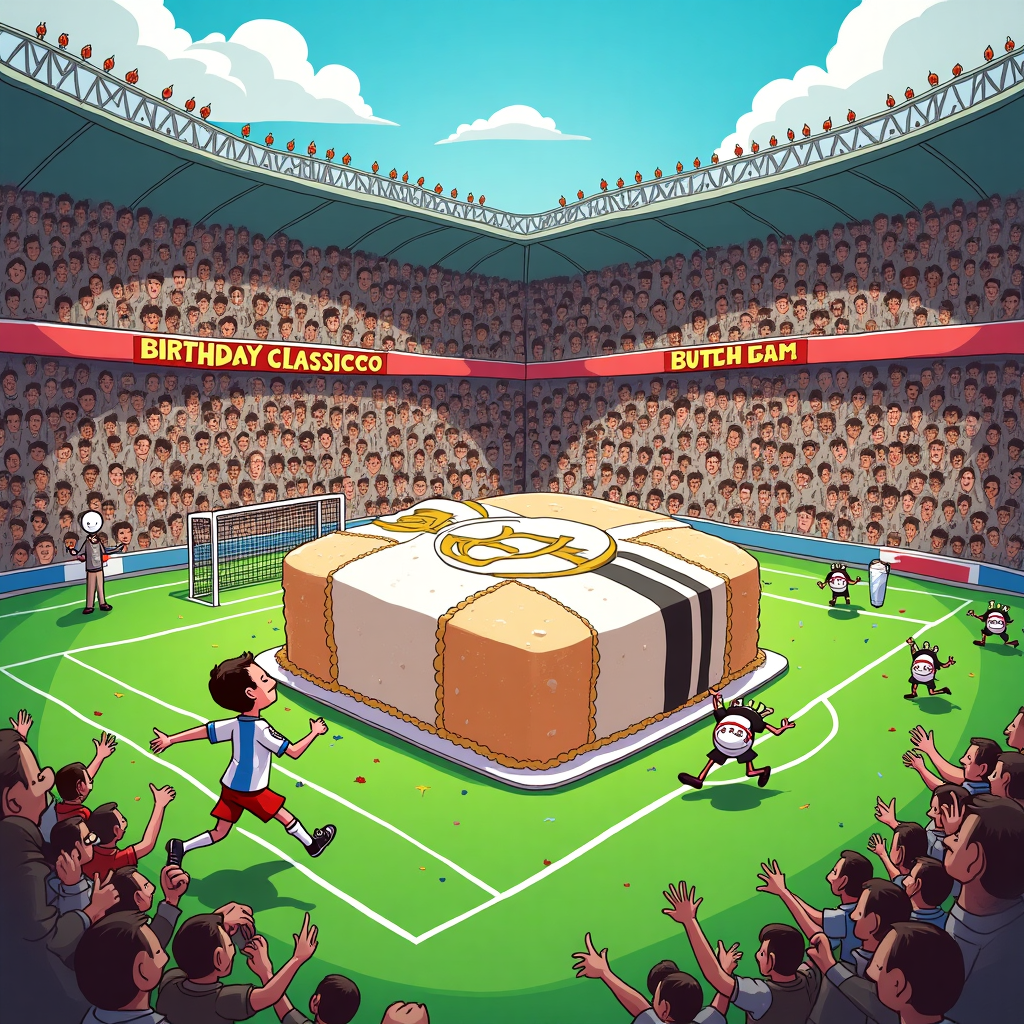 **Image Prompt:**

At the top of the cartoon image, *“Pan, you're kicking off another year—let's hope your cake has fewer candles than goals Real Madrid scored last season!”*

A hilarious cartoon scene featuring a lively football stadium filled with cartoon fans, all dressed in Real Madrid gear, cheering wildly. In the center of the pitch is a massive, over-the-top birthday cake shaped like a football, with frosting designed to mimic the Real Madrid jersey. Pan (in a comically oversized Real Madrid kit) is about to take a penalty shot—at the cake! Confused defenders made of frosting and marzipan scramble in the background as flying candles soar like confetti. A banner in the stadium reads "BIRTHDAY CLASSICO" and the referee (a cake pop with a whistle) is giving a thumbs-up. Everything has a zany, energetic vibe with exaggerated expressions, slapstick football antics, and a lot of buttercream chaos.
Generated with these themes: Real madrid, Birthday cake, and Football.
Made with ❤️ by AI.