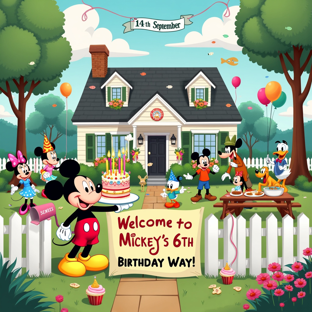 The scene is a bustling, lively birthday party set in the front yard of a charming, cartoon-style suburban house at 93 Fishers Way. The house has a white picket fence, green shutters, and colorful flower beds. In the forefront, a large sign on the lawn reads, "Welcome to Mickey's 6th Birthday Bash!" written in vibrant, whimsical letters. 

Front and center, a joyful Mickey Mouse, with his classic red shorts and yellow shoes, is holding a giant, multicolored birthday cake with six lit candles. His face is lit up with excitement and a big, friendly grin. Surrounding Mickey are various Disney characters, including Minnie Mouse, Donald Duck, and Goofy, all engaging in party activities.

To the left, near the fence, there’s a small table set up with arts and crafts. Minnie Mouse is helping a group of children make birthday hats adorned with fish stickers (a nod to the address, Fishers Way). To the right, Goofy is attempting to inflate a huge balloon shaped like the number six, which comically twists and tangles around him.

In the background, several children are playing pin-the-tail on Pluto, who is happily wagging his tail, adding an extra challenge to the game. The kids are wearing colorful party hats and have joyful expressions.

The yard is festively decorated with balloons in the trees, streamers hanging from the house’s eaves, and a “Happy Birthday” banner strung across the porch. Nearby, a picnic table is laden with an array of treats – cupcakes, cookies, and a bowl of punch, all decorated with tiny fish motifs.

The scene also cleverly incorporates the address and date: on the mailbox by the picket fence, the address "93 Fishers Way" is clearly written in a playful, cartoony font. Above the porch, a large banner with "14th September" hangs prominently.

In the sky above the house, a few clouds are whimsically shaped like the number "6," adding a dreamy touch to the scene, reminiscent of Winsor McCay’s Little Nemo. This delightful, detailed birthday party scene captures the fun and excitement of a child's celebration, all within a magical, Disney-inspired world.
Generated with these themes: Can you make invitation card for 6th birthday party  Mickey Mouse card  93 fishers way  Ha0 2fu  Party will be I. On 14th September.
Made with ❤️ by AI.