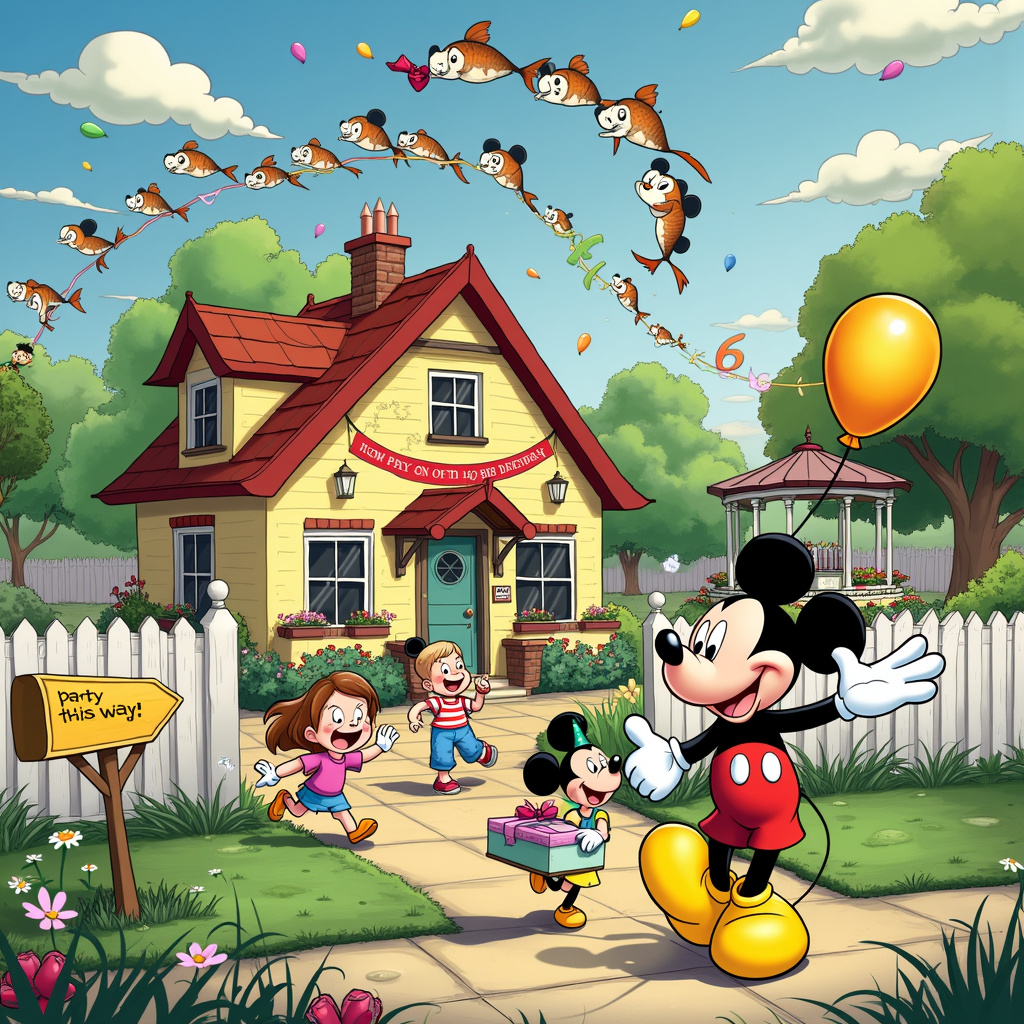 Imagine a vibrant, playful scene inspired by the whimsical styles of Charles Schulz, Walt Disney, and Bill Watterson. The front cover is a bustling, cartoonish panorama centered around a joyous birthday celebration for a child’s 6th birthday, featuring none other than Mickey Mouse as the host!

The scene is set in a picturesque suburban neighborhood at "93 Fishers Way, HA0 2FU." The charming house, with its white picket fence, has a bright, colorful banner stretched across the front reading, “Welcome to the 6th Birthday Party!” 

Mickey Mouse, dressed in his classic red shorts, yellow shoes, and white gloves, is standing at the open front gate, enthusiastically waving a big, inviting hand. Around him, an array of children, all drawn in a Schulz-like, endearing style, are laughing and running toward the house with wrapped presents in their hands. Some kids are wearing Mickey Mouse ears headbands, adding a touch of Disney magic.

In the foreground, a creatively exaggerated mailbox stands with a whimsical signpost saying “Party This Way!” pointing towards the house. Near the mailbox, a little girl, reminiscent of a Calvin and Hobbes character, is gleefully holding a balloon shaped like Mickey’s head. 

Above the house, the sky is a cheerful blue with fluffy, cartoonish clouds, one of which carries the words, “Party on 14th September!” like a cheerful message written in the sky. A flock of birds, drawn with Gary Larson’s quirky flair, fly across the sky in formation, each carrying tiny party hats in their beaks.

To the left, a garden pond adds an amusing touch of Osamu Tezuka’s charm, where animated fish leap out of the water in a comical arc, forming the number “6” in mid-air with their coordinated jumps. The fish are colorful and lively, each with big, expressive eyes and grinning mouths.

In the background, the garden is filled with birthday decorations: streamers hang from the trees, balloons are tied to every conceivable surface, and a large, ornate birthday cake sits on a table under a gazebo, complete with a big number "6" candle on top. The cake is intricately decorated, with bright colors and playful designs, adding to the festive feel of the scene.

Every element in the scene is detailed and lively, creating a rich tapestry of joyful celebration that invites viewers into the fun, echoing the storytelling magic of the artists who inspired it.
Generated with these themes: Can you make invitation card for 6th birthday party  Mickey Mouse card  93 fishers way  Ha0 2fu  Party will be I. On 14th September.
Made with ❤️ by AI.