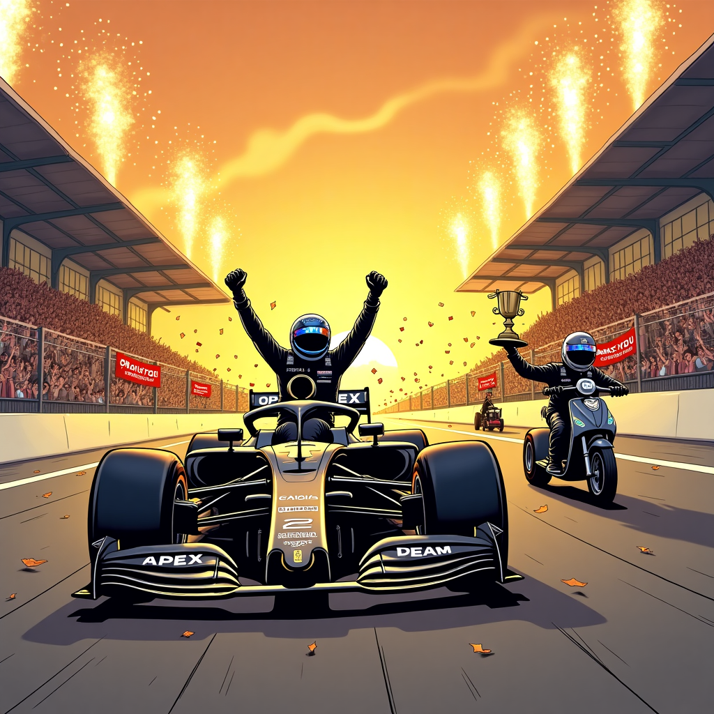 **Prompt:**  
Create a humorous cartoon illustration of a sleek black and gold Formula 1 race car crossing the finish line at sunset, fireworks bursting behind it, as an enthusiastic crowd cheers wildly in the grandstands. The car is from the APEX team and has confetti streaming behind it. The driver, still strapped in the cockpit, has dramatically tossed both arms into the air in celebration — clearly forgetting he's still driving and zooming past his pit crew, who are chasing the car with a giant gold trophy and a “THANK YOU!” banner. One crew member is riding a scooter trying to keep up, holding coffee and looking mildly concerned. Exaggerated expressions, dynamic poses, and cartoonish speed lines add to the comic energy. The golden glow of the sunset reflects off the shiny car, highlighting its triumphant victory lap gone hilariously off-script.
Generated with these themes: a black and gold race car from the APEX team wins a F1 grand prix at sunset in front of a cheering crowd.  the driver is still sitting in the car but is holding his arms out in celebration..
Made with ❤️ by AI.