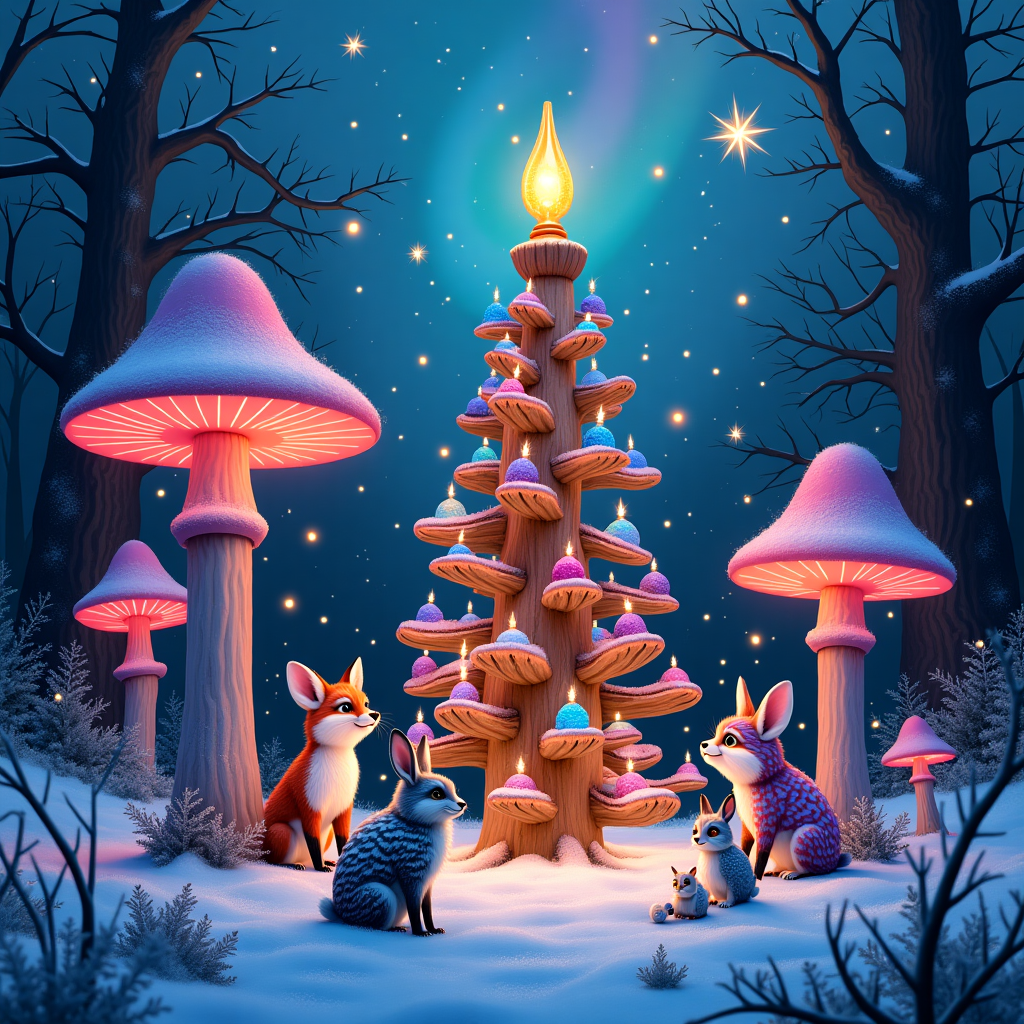 In the surreal realm of your Christmas greeting card, envision a whimsical woodland scene where towering, luminescent mushrooms in shades of neon pink, electric blue, and vibrant violet sprout from a sparkling, snow-covered forest floor. Each mushroom cap glistens with a glossy sheen, akin to polished glass, reflecting the twinkling starlight from above. In the center of this fantastical landscape, a giant, intricately carved wooden pipette dropper stands as a towering Christmas tree, its pipette bulb glows with a soft, warm golden light. It is adorned with tiny, crystalline ornaments that resemble liquid droplets, suspended mid-drip. Scattered among the mushrooms, delicate, crystalline snowflakes fall gently from a cloudless sky, shimmering like a thousand tiny diamonds. A curious assemblage of woodland creatures, with wide, enchanted eyes, gather around the pipette tree. Foxes with iridescent fur, rabbits with kaleidoscope-patterned coats, and owls whose feathers glisten in psychedelic colors seem mesmerized by the tree's glowing allure. Above, the sky is a swirling tapestry of swirling colors reminiscent of an aurora borealis, casting a mystical glow on the entire scene. This fantastical tableau invites the viewer to step into a world where the line between reality and imagination blurs, making it the perfect trippy holiday greeting card.
Generated with these themes: Mushrooms, Psychedelics, Trippy, and Pipette droppers.
Made with ❤️ by AI.