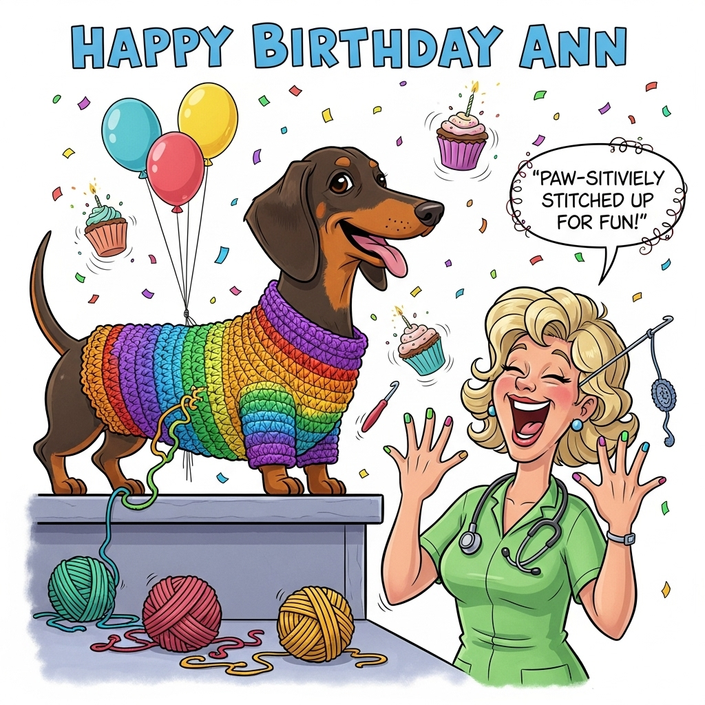 At the top of the Cartoon Style image, write in big playful letters: **Happy Birthday Ann**  

A bright, funny cartoon scene: A cheerful miniature dachshund wearing an oversized, slightly wonky crocheted jumper that’s bursting with rainbow colors, its long body exaggerated for comedy. The dachshund is perched proudly on a table where a woman with bouncy blond hair, wearing a bright green doctor’s tunic, is mid-laugh while holding up her freshly manicured hands in a ta-da pose — her nails painted in mismatched, silly colors that match the dog’s jumper. Around them, balls of yarn roll across the floor, one tangled around the dachshund’s tail. A crochet hook dangles comically from the woman’s ear like an earring. The background is filled with confetti, balloons, and floating birthday cupcakes. In the corner, in a smaller curly font, add the cheeky caption: **"Paw-sitively stitched up for fun!"**  

Bright saturated colors, thick black outlines, and exaggerated, whimsical proportions for a playful, energetic birthday feel.
Generated with these themes: Crochet, Miniature dachshund in a jumper, Green doctors tunic, Blond hair, Manicure, and .
Made with ❤️ by AI.