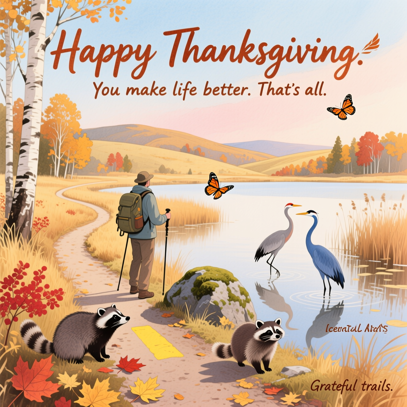 Hiking the Ice Age National Scenic Trail, sandhill cranes, a great blue heron, monarch butterflies, opossum, raccoon., , and Thank-you Card