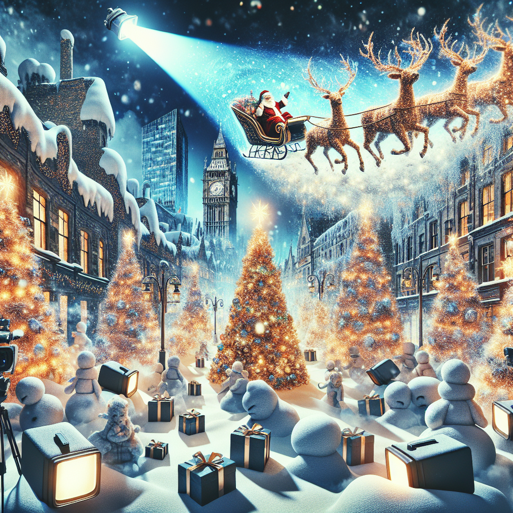 Television cameras , Christmas trees, Manchester , Lights , Presents , Snowmen , Sleigh , and Illuminated reindeer Christmas Card