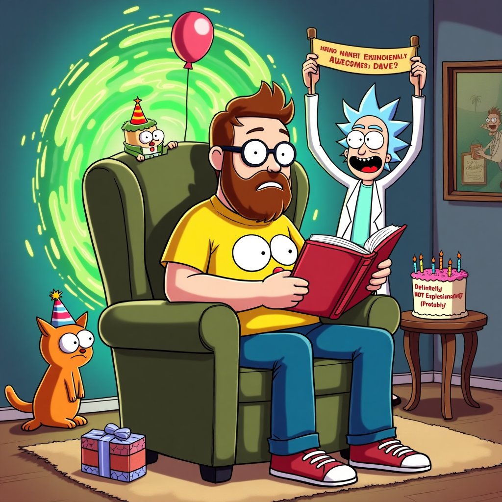 Bearded man with brown hair and glasses reading with a Rick and morty top, and Birthday Card