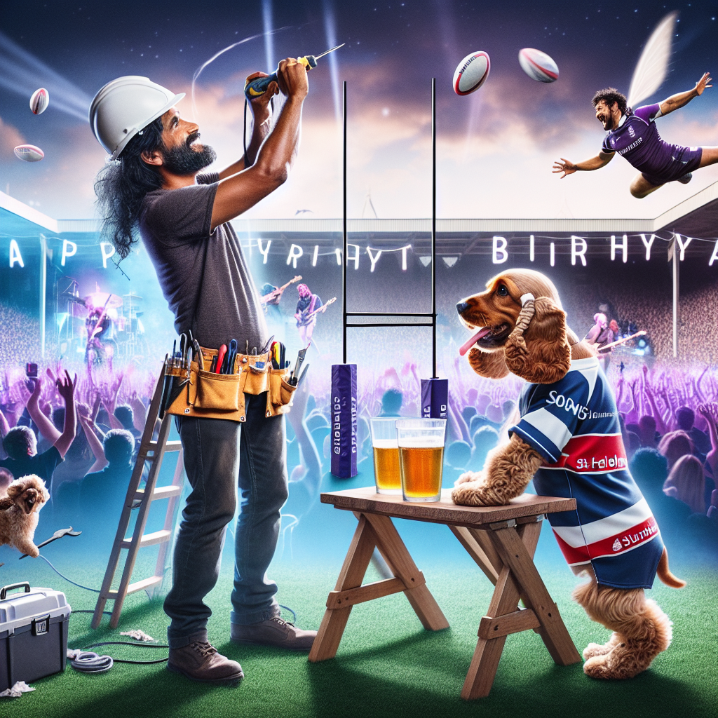 Imagine an ethereal birthday setting characterized by the vivid scenery of a rock concert, filled with vibrant fans and a band immersed in their music. Off to the side, a South Asian female carpenter, equipped with a tool belt, meticulously constructs a rugby goalpost that intriguingly serves as an exclusive drink stand. A joyful cocker spaniel, dressed in a miniature St Helens rugby costume, cavorts among the crowd, interacting lightheartedly with the attendees and adding a whimsical yet warm element to the birthday celebration.
Generated with these themes: Backstage rock show, Carpenter , Cocker spaniel , and St Helens rugby .
Made with ❤️ by AI.
