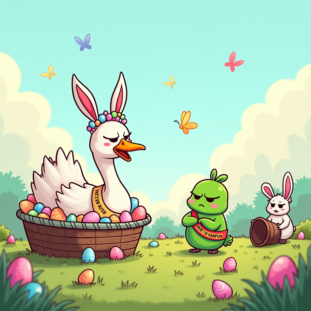**Prompt for AI Image Generation (Cartoon Style, Funny Easter Theme):**

At the top of the cartoon image:  
**"Hoppy Easter, Nikki – Don’t let the swan hog all the peeps!"**

Visual Description:  
A whimsically exaggerated cartoon scene set in a grassy spring meadow bursting with Easter eggs. A smug, elegant swan wearing bunny ears lounges in a decorative Easter basket, its wings full of pastel-colored eggs and candy. Beside it stands a grumpy green pea with arms folded, wearing an "Egg Hunt Champion" sash that's clearly been stolen by the swan. The pea is frowning, and there’s a tipped-over egg bucket at its feet. Butterflies flutter around, and a chocolate bunny looks shocked in the background.

Color palette: Soft pastel tones – pinks, yellows, mint green, sky blue, and lavender, with playful pops of color from candies and Easter decorations.

Mood: Light-hearted, pun-filled fun with a slightly mischievous twist – perfect for Easter laughs.
Generated with these themes: A swan and a pea.
Made with ❤️ by AI.