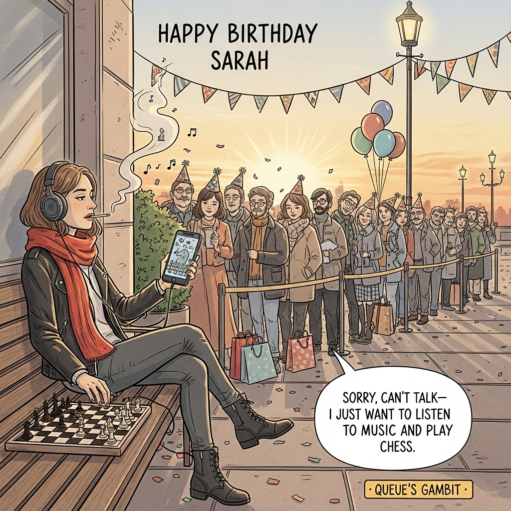 At the top of the Illustration Style image, Happy Birthday Sarah

Hand-drawn illustration with fine linework and textured brush strokes, warm expressive color palette. Scene: Outside on a city sidewalk/café patio at golden hour. Center-left, Sarah sits on a bench, cool and unbothered, in a black leather jacket, a bright red scarf, and black boots. She’s relaxed, one ankle crossed over the other, cigarette in one hand (a gentle curl of smoke drifting up, whimsically forming the hint of a chess knight), and in the other hand her phone showing a clear chessboard screen mid-game. Over-ear headphones on; tiny music notes weave through the smoke. Behind and curving around her, a long, funny line of people queuing to wish her happy birthday—party hats, balloons, gift bags, and comic impatience in their expressions (foot-tapping, checking watches), but no extra text on them. Festive touches: scattered confetti, bunting strung between lampposts, a warm sunset glow that makes the red scarf pop.

Include a small speech bubble from Sarah: “Sorry, can’t talk—I just want to listen to music and play chess.”

At the bottom, a tiny cheeky caption: “Queue’s Gambit.”

Balanced composition: the header arcs neatly across the top, Sarah as the focal point, the queue forming an S-curve in the background. Paper grain texture, soft shading, gentle vignetting, no brand logos. Funny, cozy, and full of birthday energy.
Generated with these themes: Smoking, Listening to music, Playing chess, and .
Made with ❤️ by AI.