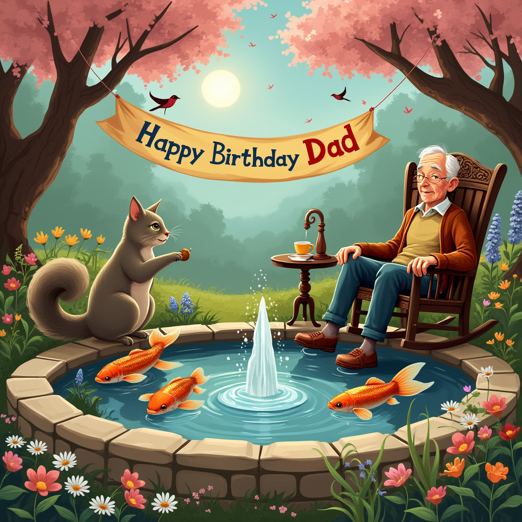 In the center of a vibrant garden, a circular fish pond gleams under a gentle midday sun. A whimsically tall fountain at its core spouts water in a playful arch, droplets glistening like scattered diamonds. Around the pond, large, colorful coy carp lazily swim, their scales shimmering in a kaleidoscope of oranges, whites, and golds. Resting on the pond’s edge, a tortoiseshell cat with an inquisitive gaze, one paw delicately dipped in the water, watches the carp with keen interest. Nearby, a grey squirrel sits upright, clutching an acorn, its bushy tail curled in a question mark above its head as it peers curiously at the cat.

Adjacent to this lively aquatic scene, an elderly man reclines in an antique, wooden rocking chair. His features are kindly, marked with lines that speak of countless stories, and a gentle smile graces his lips as he observes the backyard menagerie. Clad in a cozy cardigan and worn slippers, he exudes a sense of quiet contentment. Behind him, suspended between two blossoming cherry trees, a "Happy Birthday Dad" banner flutters slightly in the breeze, its bright letters painted in cheerful hues of blue, red, and yellow.

The background is a lush, idyllic garden with clusters of daisies, pansies, and foxgloves creating a natural tapestry of colors. A small, intricately carved wooden table sits beside the elderly man's chair, topped with a half-full teacup and a well-worn book lying open, its pages rustling softly. Birds are perched in the trees, observing the delightful scene below, adding a layer of life and movement to this idyllic tableau. The entire composition is reminiscent of an enchanting storybook illustration, brimming with intricate details that captivate the viewer’s eye.
Generated with these themes: Coy carp, Fish pond, Pond fountain , Tortoiseshell cat, Grey squirrel, Elderly man in chair, and Happy Birthday Dad banner.
Made with ❤️ by AI.