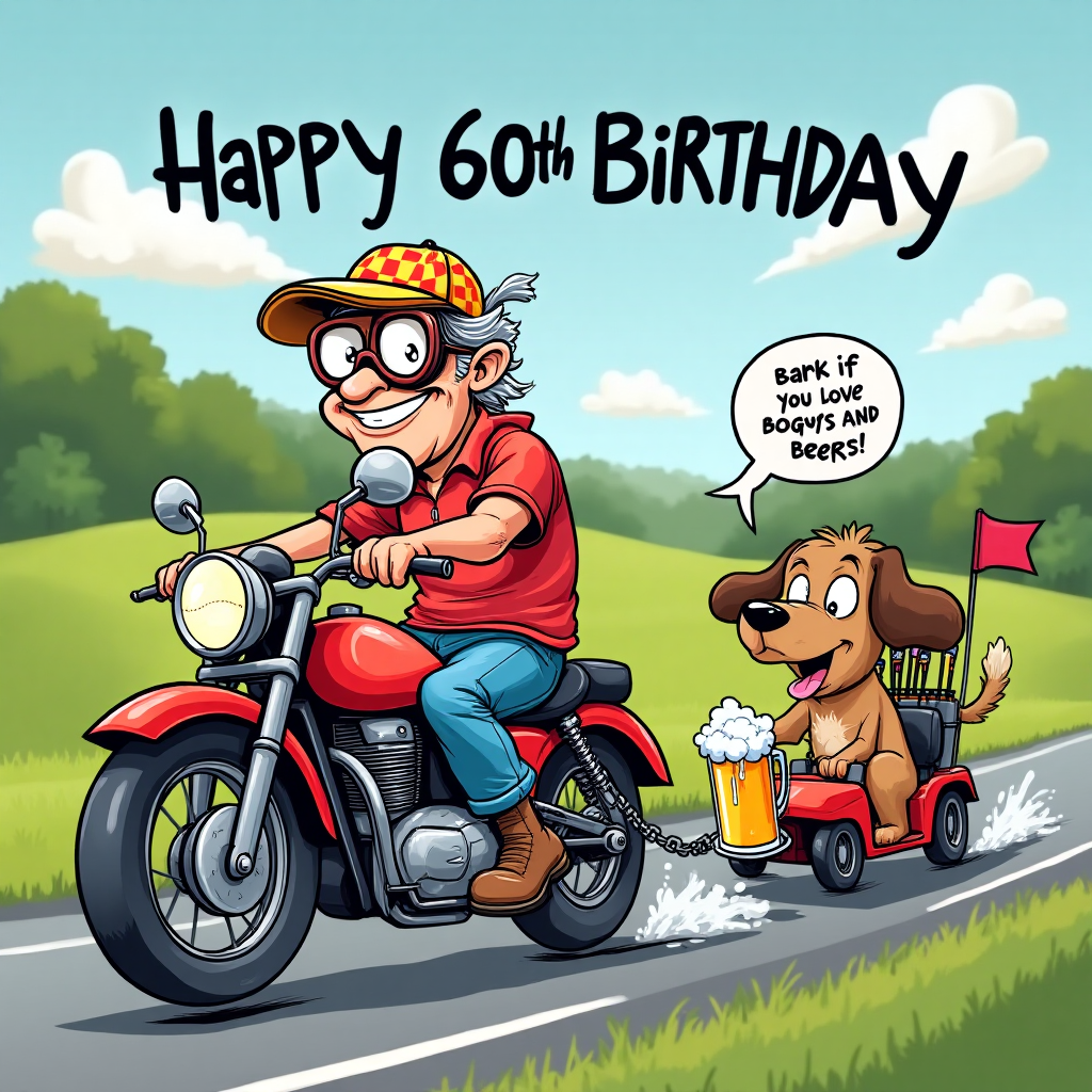 At the top of the Cartoon Style image, include the text "Happy 60th Birthday".

**Image Description:**

In a vibrant cartoon scene, depict a jubilant older gentleman with exaggerated features riding a motorbike. He has a mischievous grin, wearing a bright, checkered golf cap and a pair of oversized aviator goggles. His motorbike is humorously towing a golf cart filled with golf clubs and a frothy mug of beer, sloshing slightly as he speeds along. 

Beside him, a cheerful cartoon dog with floppy ears is energetically keeping pace, tongue out, looking equally thrilled. The background is a sunny park scene with rolling hills, perhaps a flag marking a golf hole in the distance. 

To enhance the humor, include a playful speech bubble from the dog saying, "Bark if you love bogeys and beers!" 

Bright, saturated colors, thick outlines, and dynamic poses bring the scene to life, encapsulating the whimsical joy of celebrating a milestone birthday with a nod to beloved hobbies.
Generated with these themes: Golf, Motorbike, Beer, Walking their dog, and .
Made with ❤️ by AI.