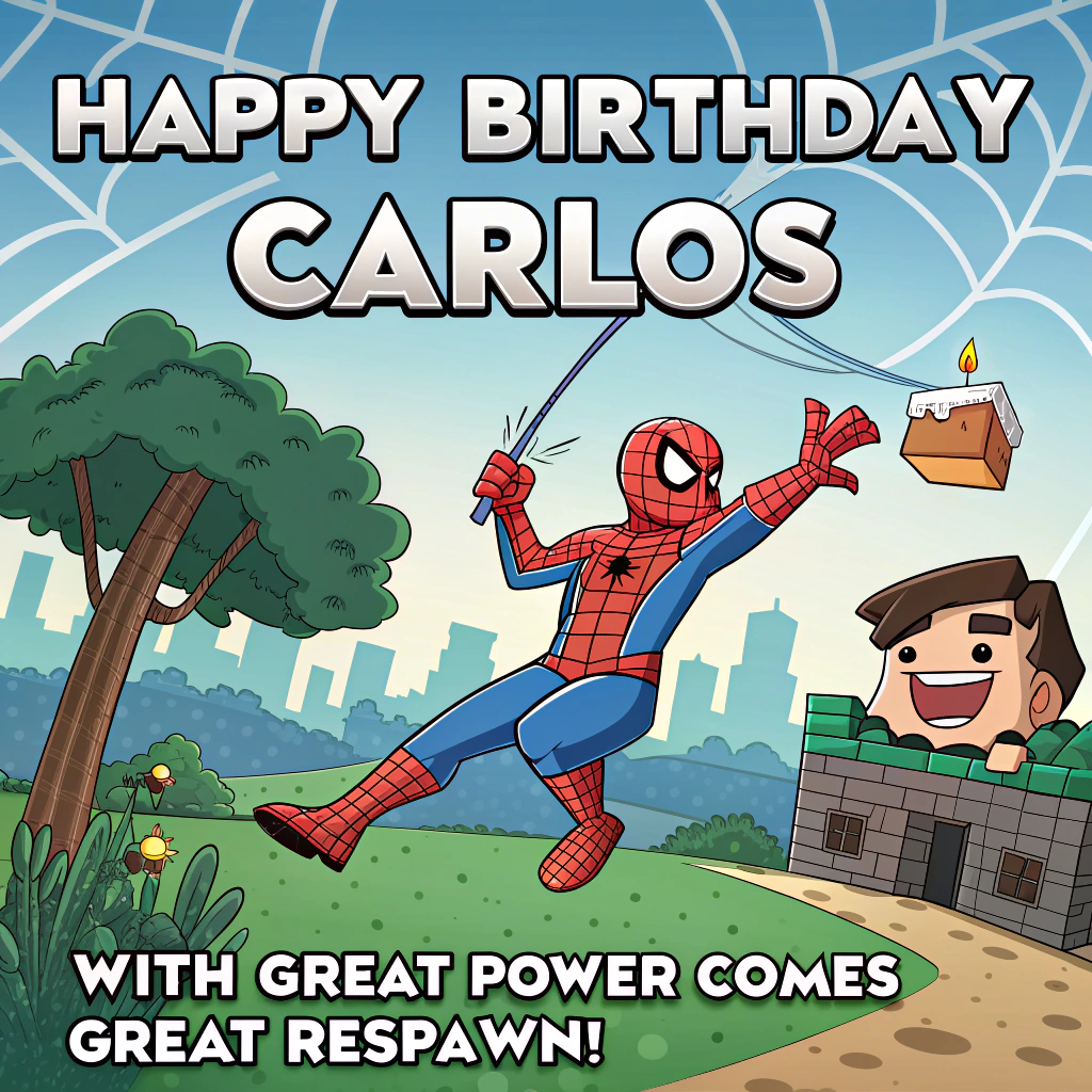 At the top of the Cartoon Style image, "Happy Birthday Carlos"

At the bottom of the image, "With great power comes great respawn!"

Playful cartoon style with exaggerated proportions, thick black outlines, and bright saturated colors: In the center, a bouncy, wide-grinned Spider-Man swings diagonally on a swoopy web through a Minecraft-style blocky landscape. One hand clutches a pixelly diamond pickaxe, the other holds a chunky Minecraft cake slice with candles sparking. Below, a cheerful Creeper wearing a tiny polka-dot party hat poses for a selfie with a blocky party balloon; a TNT gift box sits nearby wrapped with a big ribbon and a “No Boom Today” tag. Build a gigantic 3D “CARLOS” out of colorful blocks in the background hillside, draped in web-streamers and cube-shaped confetti. Add comic motion lines, starbursts, and chunky highlights; sky is bright cyan with square clouds. Use a bold, bubbly comic font for the text: top line big and heroic, bottom line punchy and playful.
Generated with these themes: Spider-Man , Minecraft , and .
Made with ❤️ by AI.