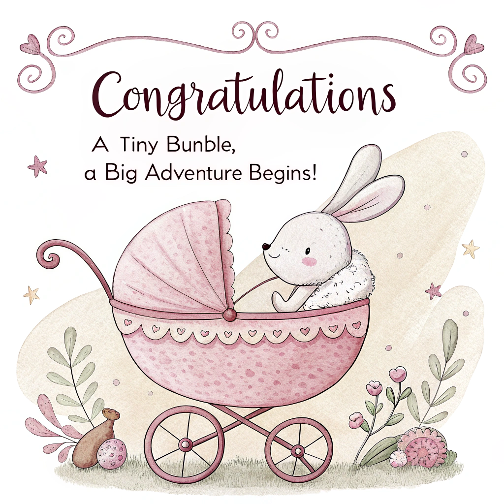 White background baby bunny pink in pram, and New-baby Card