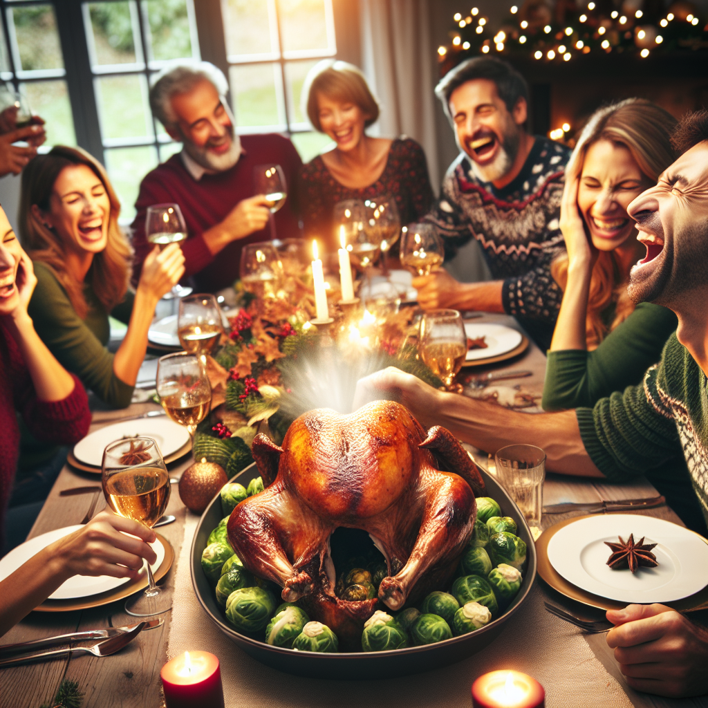 The sounds of Christmas cheer are momentarily overtaken by Dad's unexpected fart, which erupts amidst the clinking glasses and merry banter. Centered on the table is an impressive roast turkey, its size rivaled only by the generous serving of sprouts that encase it.
Generated with these themes: huge roast turkey surrounded by sprouts and dad farting.
Made with ❤️ by AI.