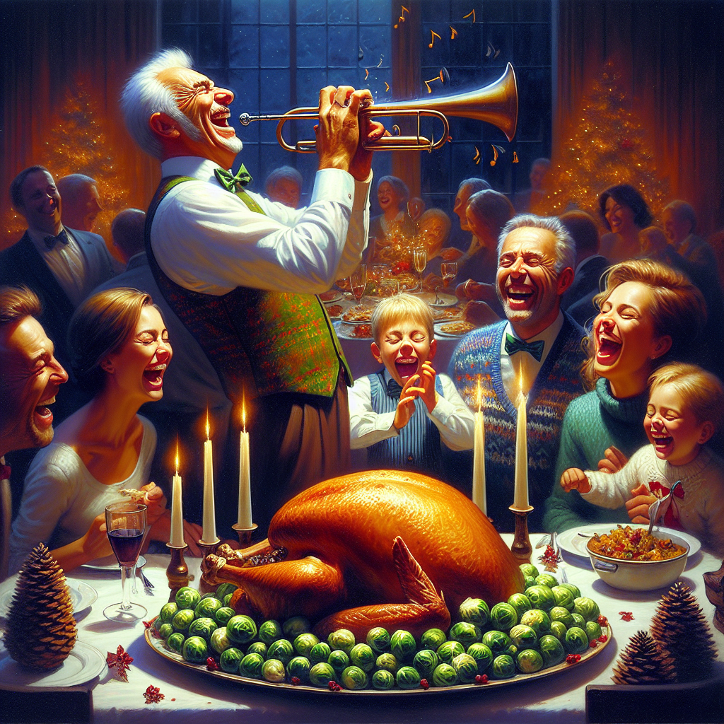 Huge roast turkey surrounded by sprouts and dad farting Christmas Card
