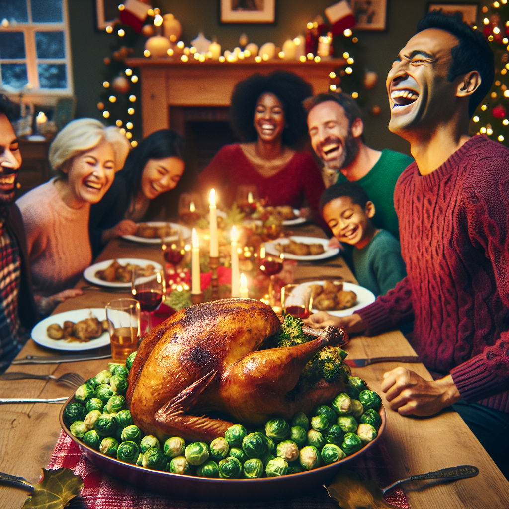 Huge roast turkey surrounded by sprouts and dad farting Christmas Card