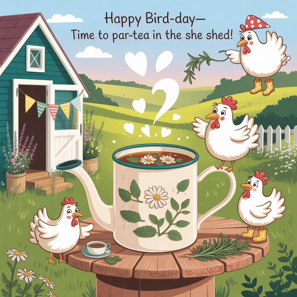At the top of the image, add: "Happy Bird-day—time to par-tea in the she shed!"

- Scene: A cozy country she shed painted bright teal with white trim, bunting flags fluttering, and bundles of mint, chamomile, and rosemary hanging by the door. Warm, sunny morning on a rolling green-hill farm with a white picket fence and wildflowers.
- Centerpiece: An oversized enamel teacup on a rustic wooden spool table, brimming with herbal tea; floating chamomile blossoms and mint leaves. Steam curls into hearts and leaf shapes.
- Characters: Plump, adorable cartoon chickens with chunky outlines and exaggerated features. One in a red polka-dot bandana pours tea from a watering-can teapot; another perches on the cup rim wearing tiny yellow rain boots; a third twirls a rosemary sprig like a party streamer. Big smiles, rosy cheeks, energetic poses.
- Birthday touches: A mini hay-bale “cupcake” with a single candle beside the teacup; egg-shaped balloons tied with twine near the fence.
- Country details: A straw hat on a peg, a crate of fresh eggs, sunflower pots, and muddy wellies by the door.
- Style: Playful cartoon, thick black outlines, bright saturated colors, cel-shaded highlights, whimsical and cute mood.
- Text styling: The headline is bold bubble lettering, egg-yolk yellow fill with a coral drop shadow and black outline for high contrast against a clear blue-sky area at the top.
- Composition: Keep generous negative space in the sky for the text; no additional text anywhere else.
Generated with these themes: She shed, Chickens, Country living, Herbal tea , and .
Made with ❤️ by AI.