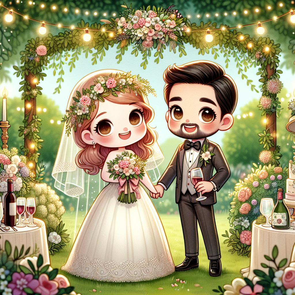 A captivating cartoon wedding scene that captures an endearing couple of mixed descent, with a Caucasian bride and a Hispanic groom, exchanging vows under a floral arch. The setting is a verdant garden bursting with blooming flowers and sparkling fairy lights. The couple is portrayed as delightful characters, with the bride embracing a bouquet and the groom featuring a dainty bow tie. In the distant view, an elegantly prepared table holds wine bottles and refined glasses, subtly suggesting the ensuing celebratory feast.
Generated with these themes: Wine.
Made with ❤️ by AI.