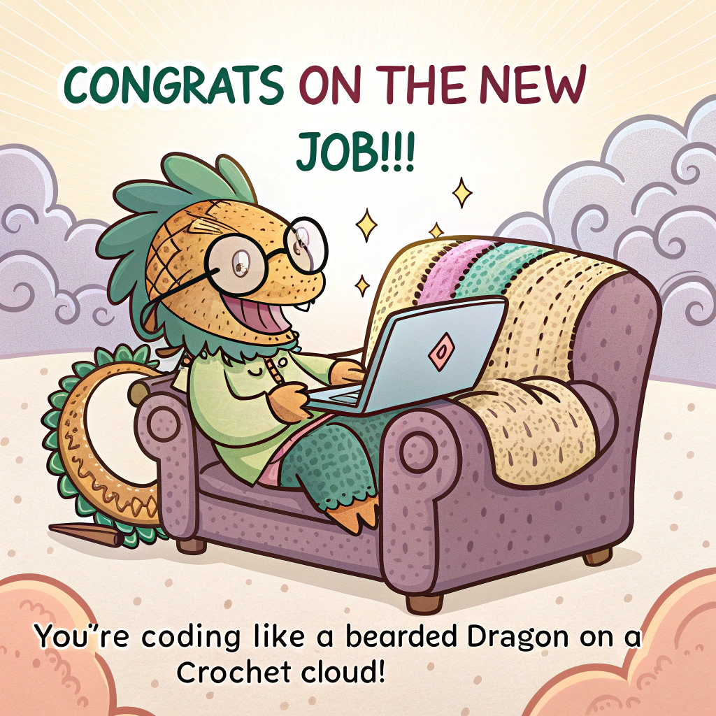 Bearded dragon, coding, sofa, laptop, clouds, crochet, and Congratulations Card