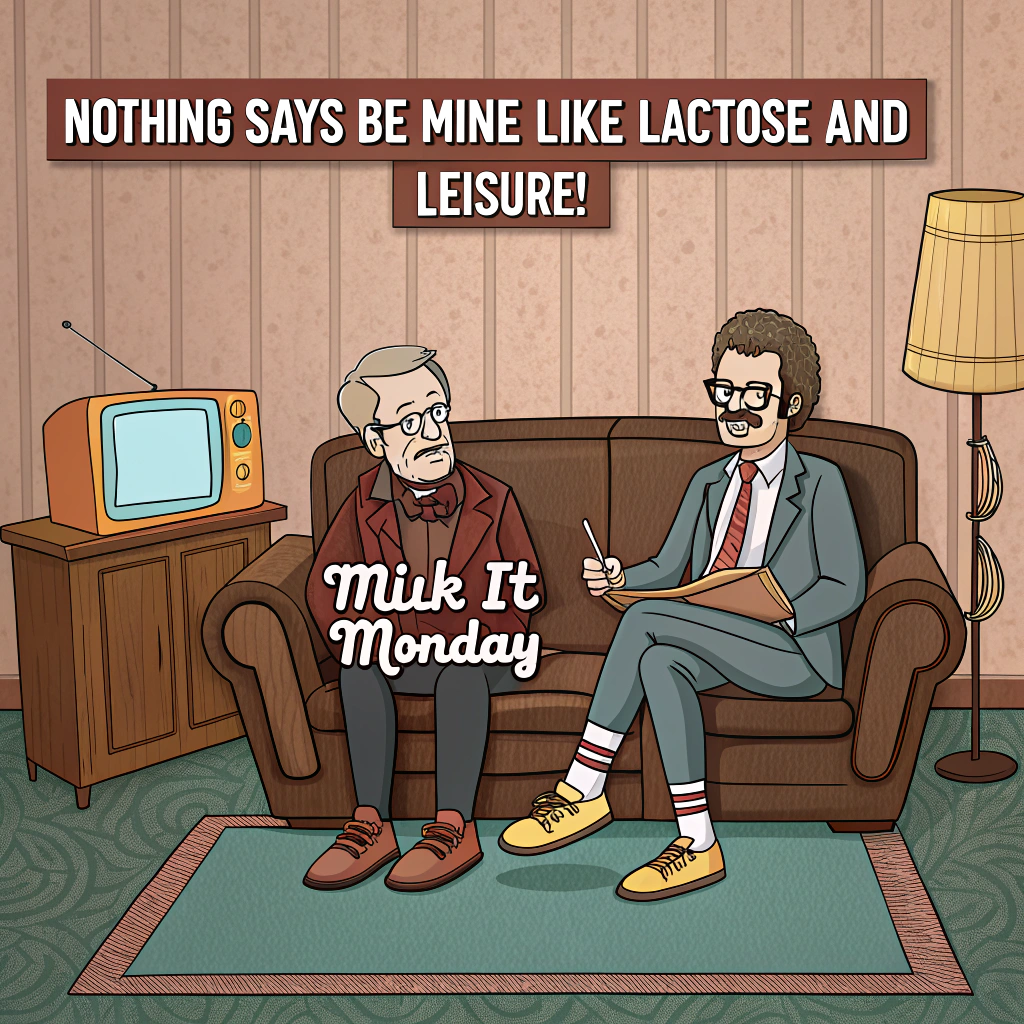 At the top of the image, "Nothing says 'Be Mine' like lactose and leisure!"

- In the center of the image, depict a retro-style living room, complete with shag carpet, wood-paneled walls, a lava lamp on a side table, and an old boxy TV set showing static in the corner.

- On the couch, two middle-aged men with exaggerated cartoon features—one with a mullet and tracksuit, the other with glasses and socks-and-sandals combo—are proudly holding up a large, handmade sign that says "Milk It Monday" in sparkly, slightly wonky bubble letters.

- One man is giving the other a sly side-eye and a wink, while the other sips from an absurdly large heart-shaped glass of milk, a milk mustache proudly on display.

- Scattered around them are boxes of chocolates, crumpled love notes, and cow plushies with googly eyes.

- Add a Valentine’s vibe with pink and red heart decorations dangling from the ceiling, and a paper banner draped across the room reading “Udderly Yours!”
Generated with these themes: Have two men holding up a sign that says "Milk It Monday". Make the style retro and set on a couch in a living room..
Made with ❤️ by AI.