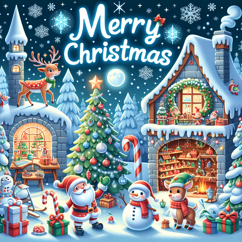 In this whimsical vector design, a festive winter wonderland unfolds, showcasing a sparkling snow castle at its heart. Santa's workshop is alive with elves, visible through frosty windows, busy preparing for Christmas Eve. Front and center, a friendly reindeer noses a bright red candy cane while a snowman waves merrily nearby. A towering Christmas tree aglow with colorful lights stands beside a cozy fireplace where presents wait to be discovered. Overhead, the phrase 'Merry Christmas' glimmers in the crisp winter air.
Generated with these themes: Santa's workshop/elves/snowman/reindeer/candy canes/winter wonderland/snow castle/ fireplace/presents/christmas tree/christmas lights.
Made with ❤️ by AI.