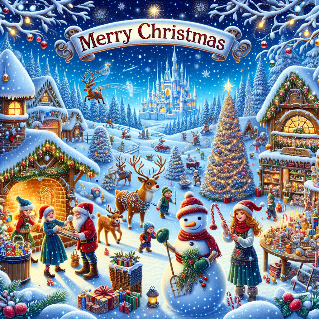An enchanting vector illustration depicts a winter wonderland scene where Santa's workshop is humming with elves at work. A snowman with a carrot nose and a reindeer dressed in bells take center stage amid a forest of candy canes. A majestic snow castle gleams in the distance. Comforting flames dance in the fireplace, casting a warm glow on the bounty of presents. The Christmas tree twinkles with radiant lights, readying the mood for festivities as the 'Merry Christmas' inscription adds a touch of magic.
Generated with these themes: Santa's workshop/elves/snowman/reindeer/candy canes/winter wonderland/snow castle/ fireplace/presents/christmas tree/christmas lights.
Made with ❤️ by AI.