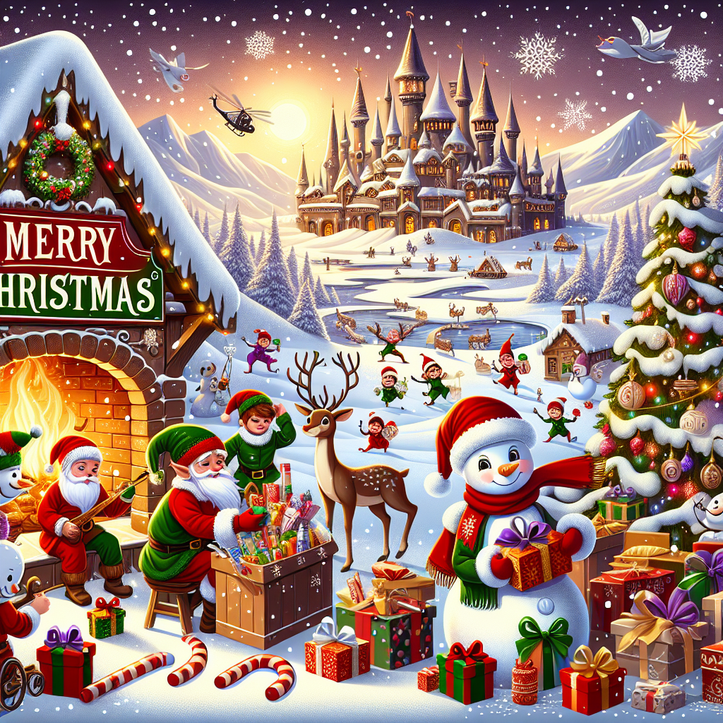 The scene bursts with Christmas spirit, where a lively vector illustration paints Santa's workshop in the backdrop, teeming with elves meticulously preparing gifts. In the foreground, a charming snowman shares a scarf with a reindeer, and candy canes dot the snowy landscape. The scene is nestled in an idyllic winter wonderland with an impressive snow castle silhouetted against the sky. A roaring fireplace, surrounded by neatly tied presents and an elaborately decorated Christmas tree with twinkling lights, brings warmth. 'Merry Christmas' is festively scribed to complete this delightful panorama.
Generated with these themes: Santa's workshop/elves/snowman/reindeer/candy canes/winter wonderland/snow castle/ fireplace/presents/christmas tree/christmas lights.
Made with ❤️ by AI.
