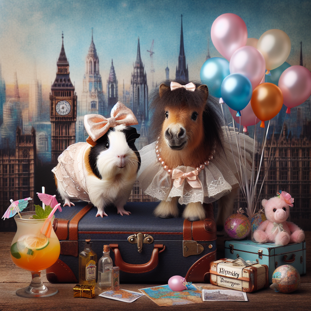 Generate an enchanting image of a birthday celebration. At the center of the scene is a cheerful guinea pig dressed in a delicate bow accompanied by a Shetland pony with balloons tied to its bridle. They stand against a backdrop composed of famous landmarks from around the world. A suitcase filled to the brim with mementos from their travels is situated between them. Adding to the festive ambiance, there is a cocktail sporting a tiny umbrella nearby.
Generated with these themes: Guinea pig, Shetland pony, Cocktail, and Travel.
Made with ❤️ by AI.