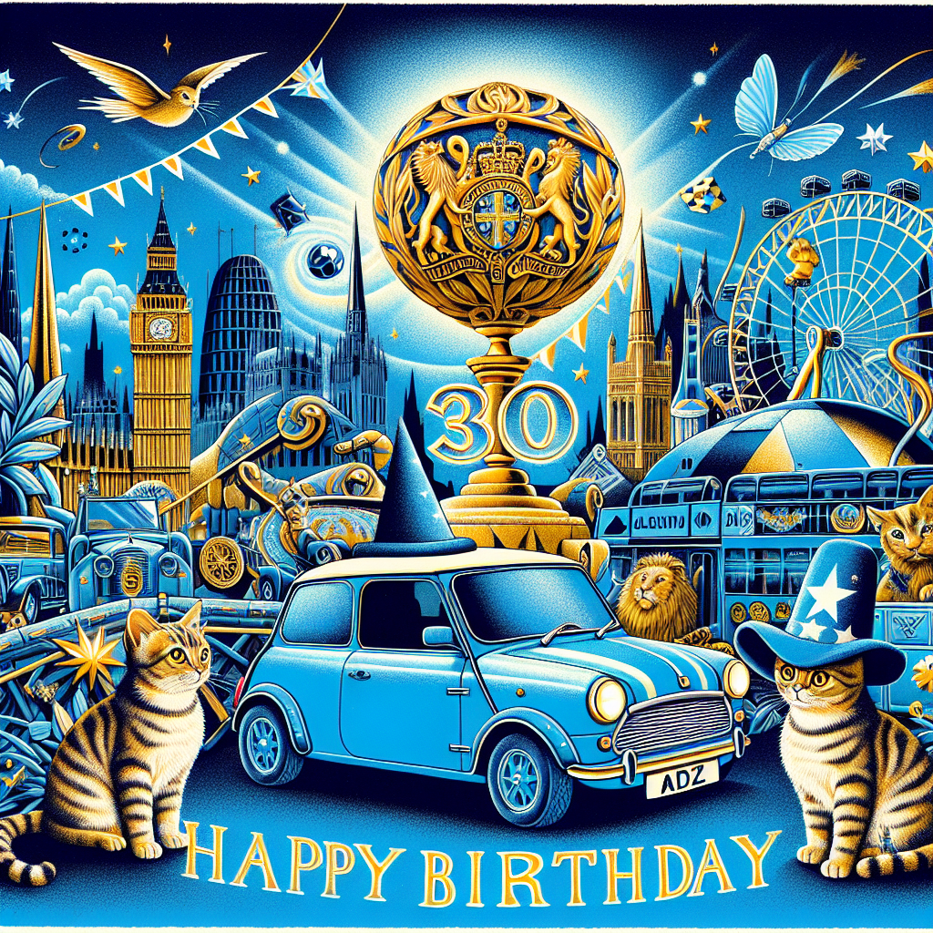 A vibrant birthday illustration celebrating a 30th birthday features iconic landmarks from a famous English city as a backdrop, with the emblem of a popular football club prominently displayed. The scene includes whimsical elements of a popular magical fantasy book, such as a golden spherical object with wings and a wizard's hat, artfully integrated into the design. Cats in army attire add a playful touch, scattered throughout. Central to the composition is a blue compact car with the license plate 'ADZ', hinting at a magical journey. Shades of blue dominate, complementing the overall theme.
Generated with these themes: 30th birthday, Chelsea football club, London, Harry potter, Cats, Army, Blue, and Blue Ford fiesta with a number plate that says ADZ.
Made with ❤️ by AI.