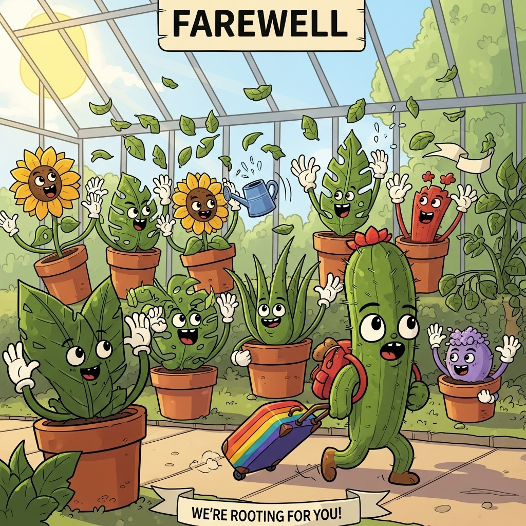 At the top of the Cartoon Style image, FAREWELL

A large, bright, funny cartoon scene set in a sunny greenhouse: a tall, goofy cactus with big eyes and a tiny backpack rolls a rainbow-striped suitcase down a garden path, glancing back with a cheeky grin. A crowd of animated potted plants (sunflower, monstera, pothos, aloe, and a frilly fern) lean out of their pots with exaggerated leaf-hands, waving, high-fiving a watering can, and tossing leaf-shaped confetti. One fern does jazz hands, the sunflower dabs with a petal, and a pothos trails like a banner. Playful cartoon characters with exaggerated proportions, thick outlines, bright saturated colors, and whimsical, energetic poses. Big bubbly shapes, dynamic motion lines, warm sunbeams, glossy highlights, soft chunky shadows.

Add a small, cheeky one-liner on a ribbon near the bottom: We’re rooting for you!
Generated with these themes: Plants, and .
Made with ❤️ by AI.